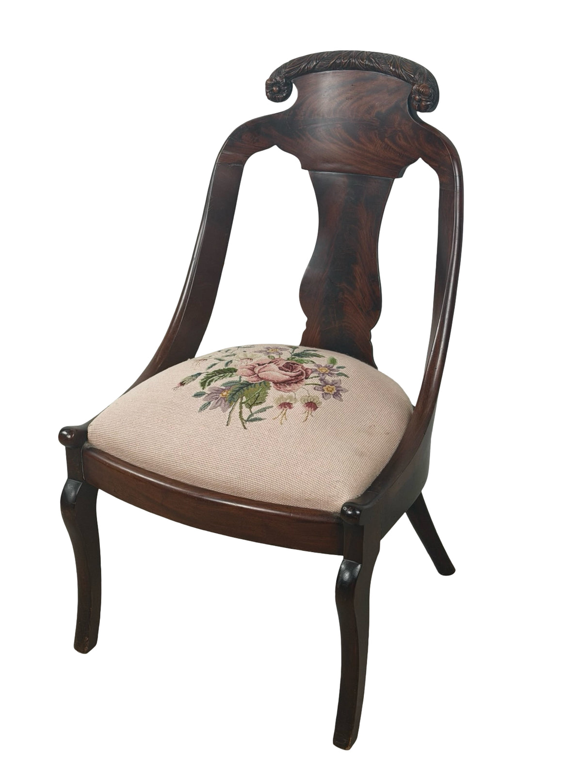 Antique Federal Style Carved Wood Side Chair with Floral Needlepoint Seat