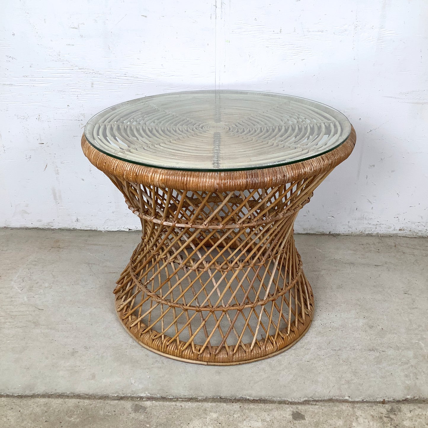 Vintage Wicker Drum Table With Glass Top