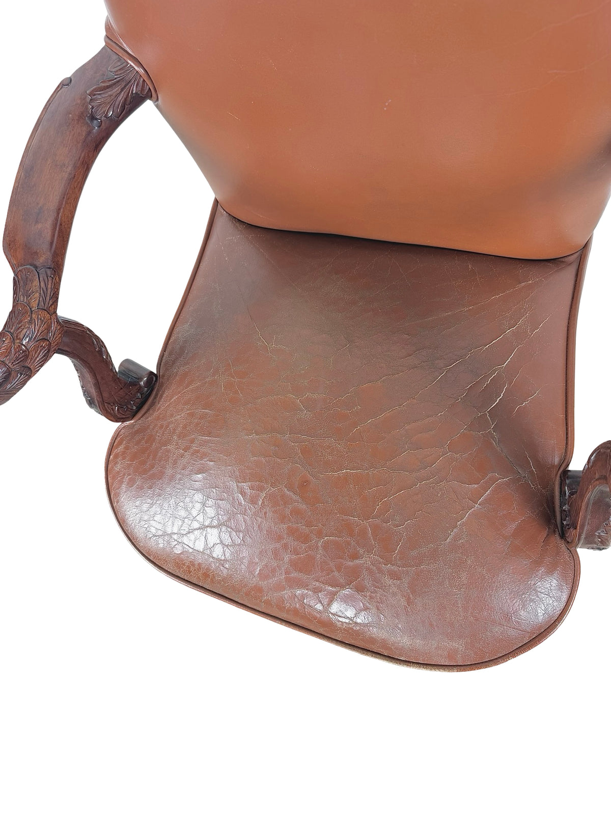Vintage Maitland-Smith Carved Wood & Brown Leather Armchair