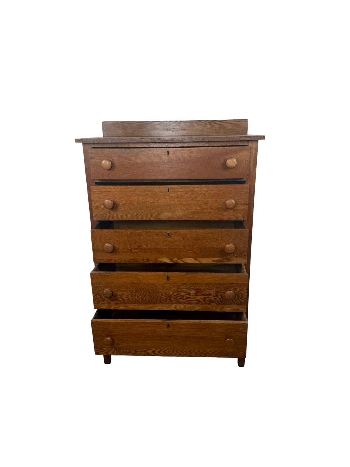Antique Early 1900s Oak Five-Drawer Tall Chest of Drawers