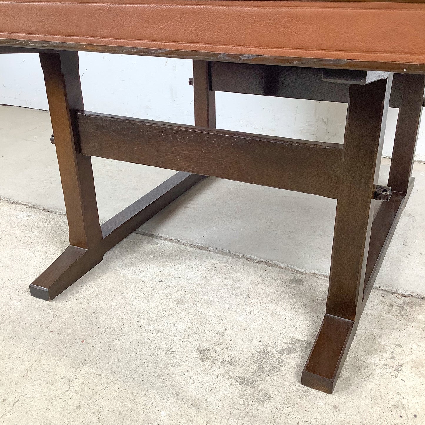Vintage Studio-Made Square End Table, Leather Top, Architectural Trestle Base, Mid-Century