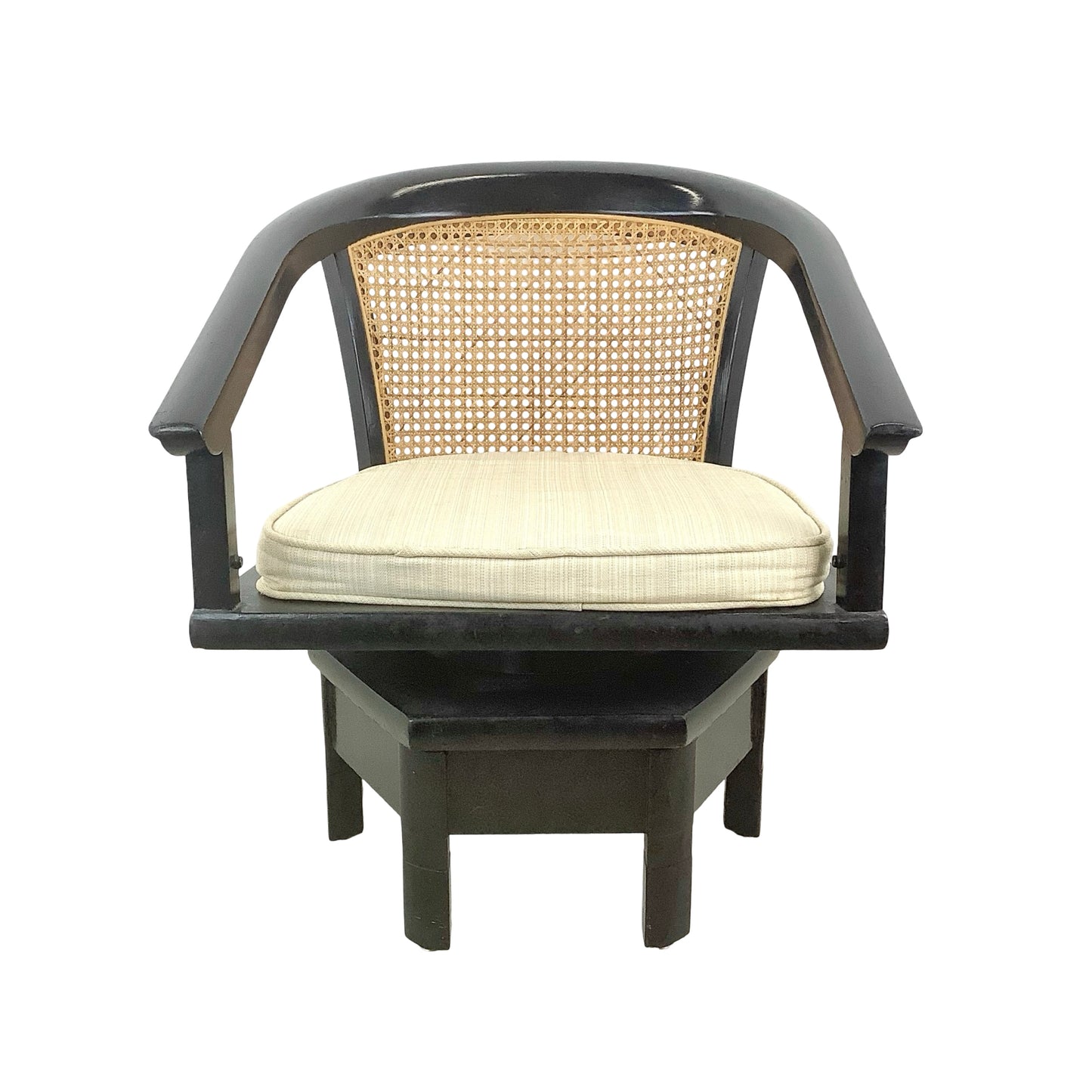 Vintage Black Lacquer Cane Swivel Chair