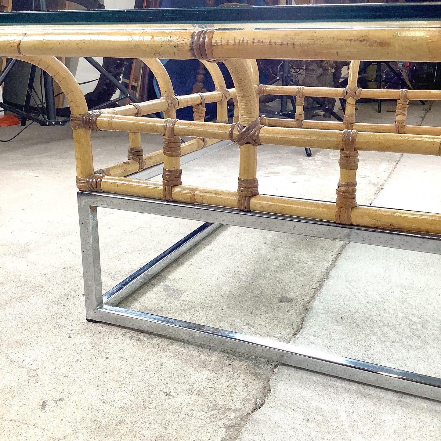 Vintage Hollywood Regency Bamboo, Chrome, and Glass Square Coffee Table