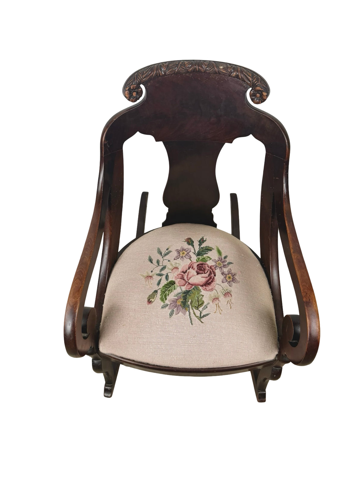 Antique American Classical Carved Wood Rocking Chair with Floral Needlepoint Seat