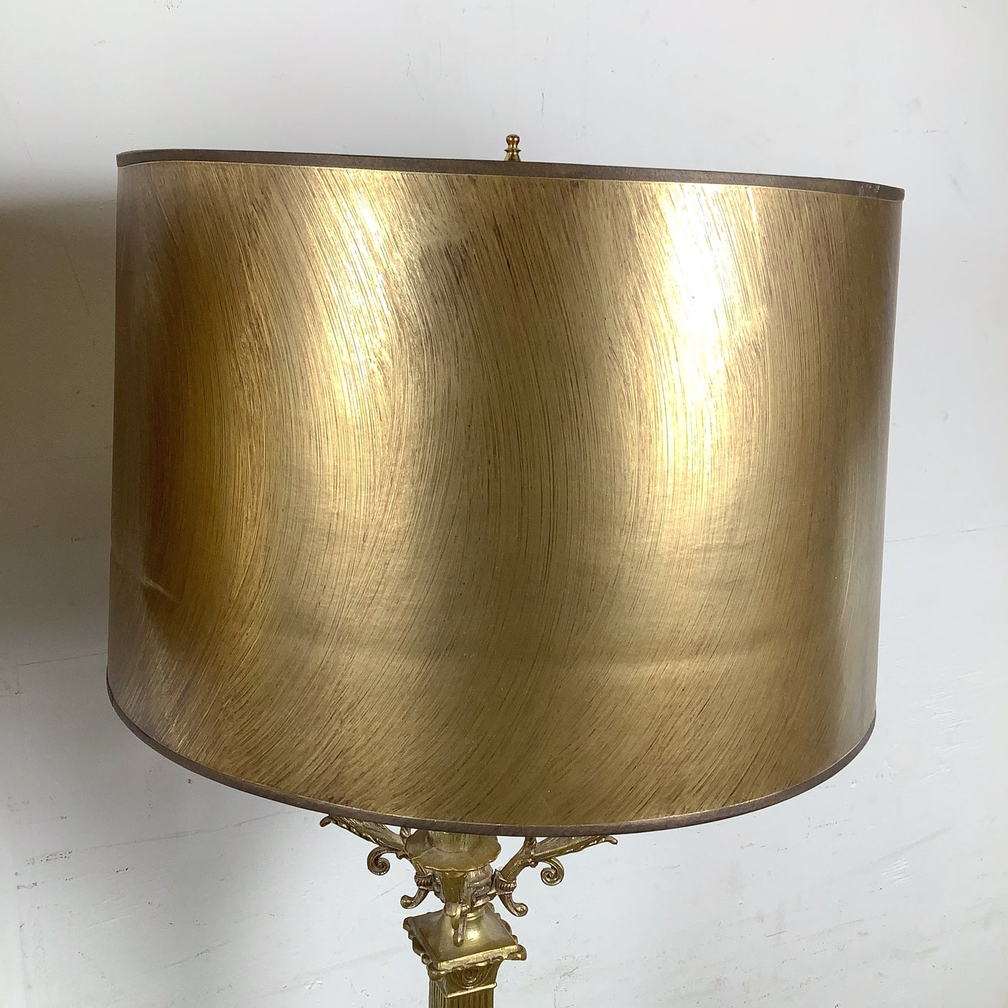 Pair of Neoclassical Brass Table Lamps with Fluted Columns and Ornate Candelabra Tops