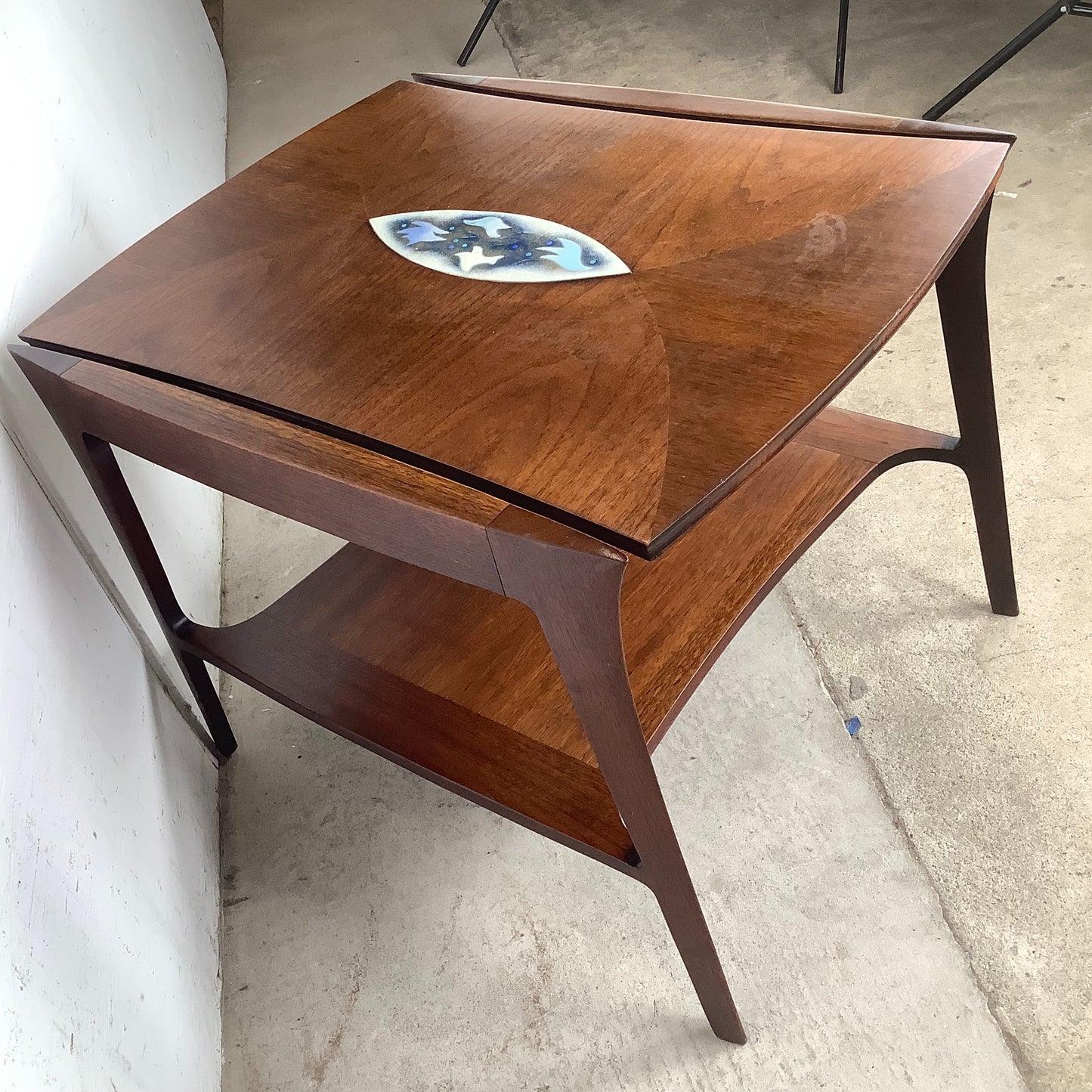 John Stuart Inc. Walnut Two-Tier End Table | Enamel Inlay | Splayed Legs | 1960s