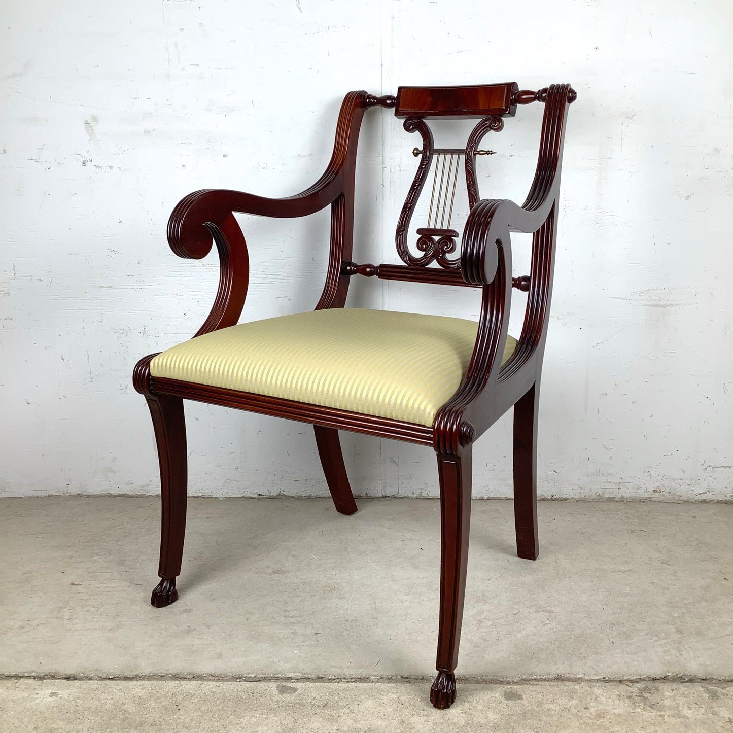 Elegant Vintage Lyre-Back Mahogany Accent Chair With Upholstered Seat