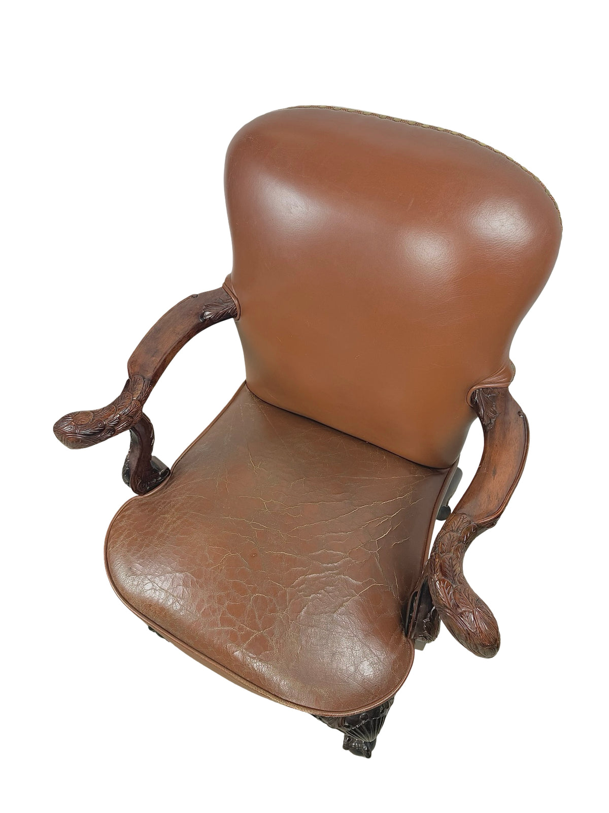 Vintage Maitland-Smith Carved Wood & Brown Leather Armchair