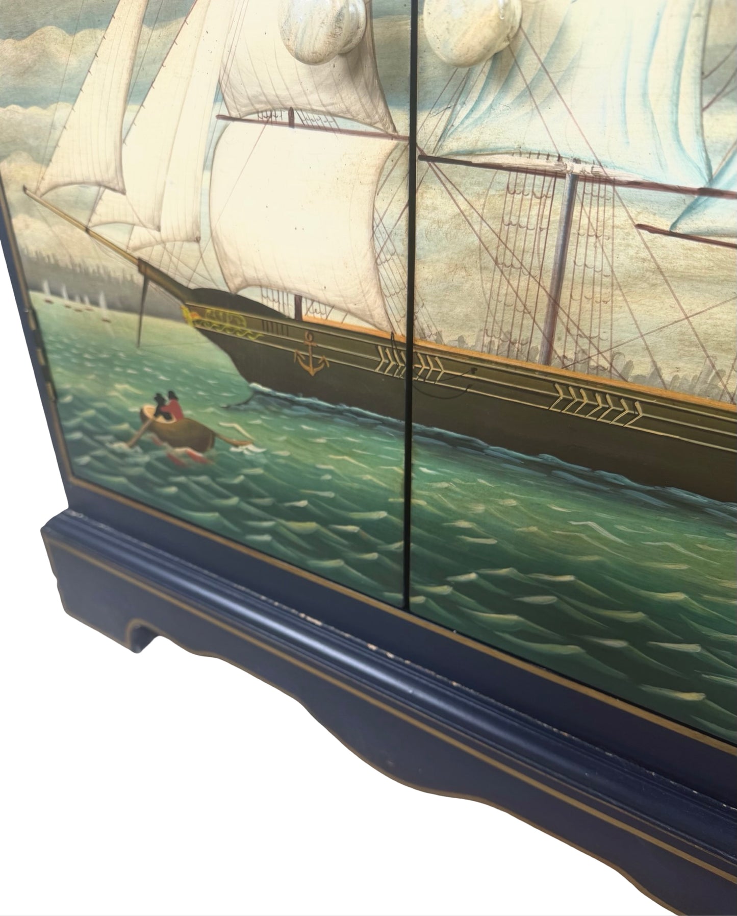 Pair of Hand-Painted Nautical Cabinets — Clipper Ship & Compass Rose Design
