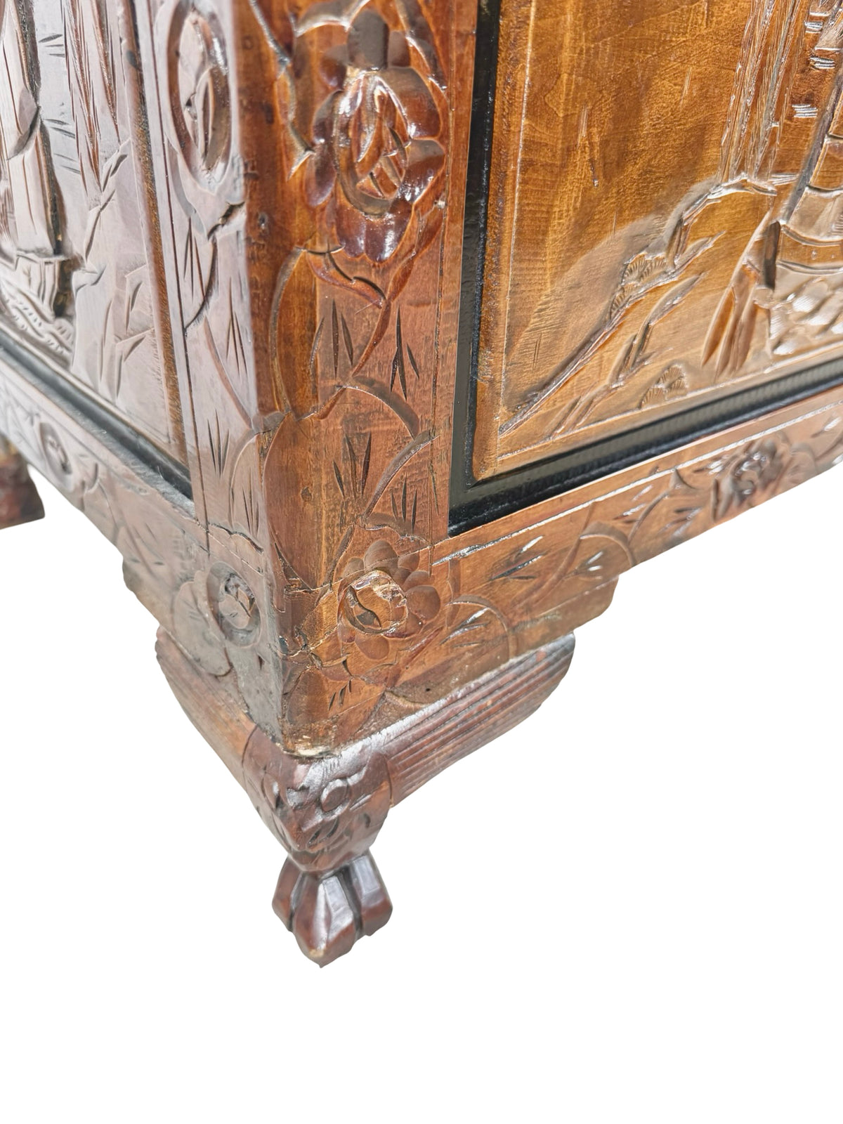 Vintage Asian Carved Wood Storage Chest with Figural Relief Carvings