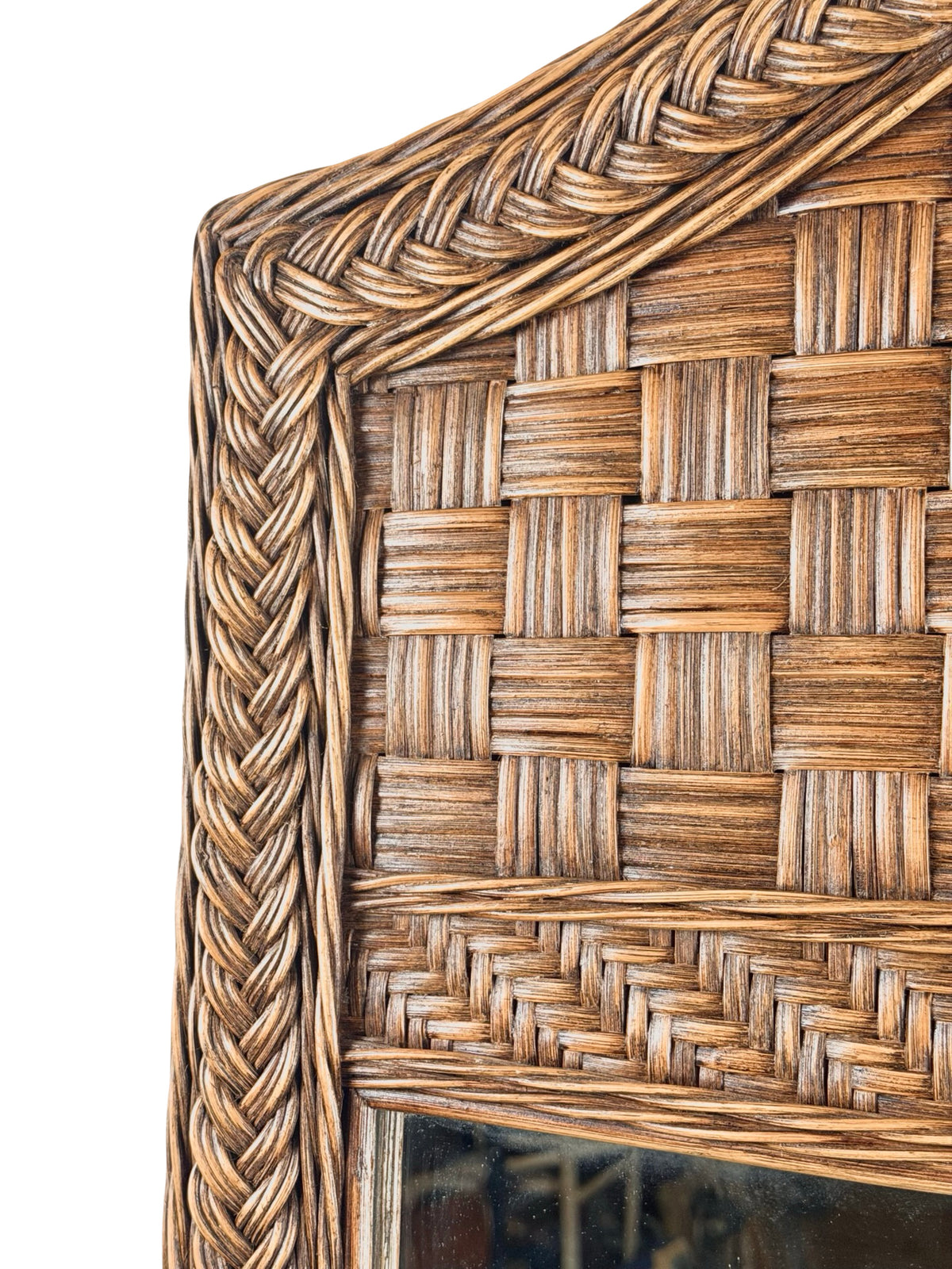 Vintage Arched Wicker Wall Mirror with Basket-Weave Panel and Braided Frame