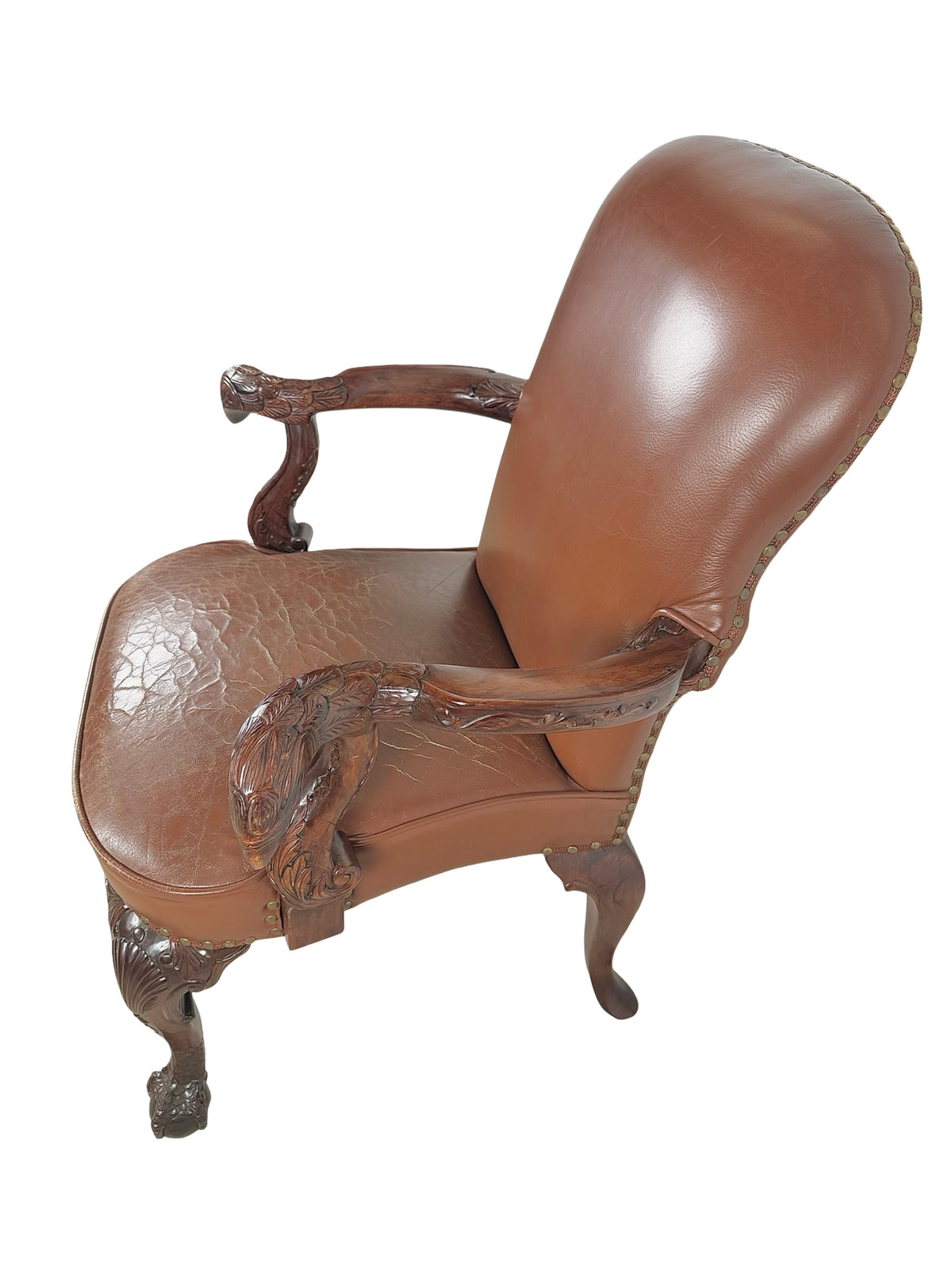 Vintage Maitland-Smith Carved Wood & Brown Leather Armchair
