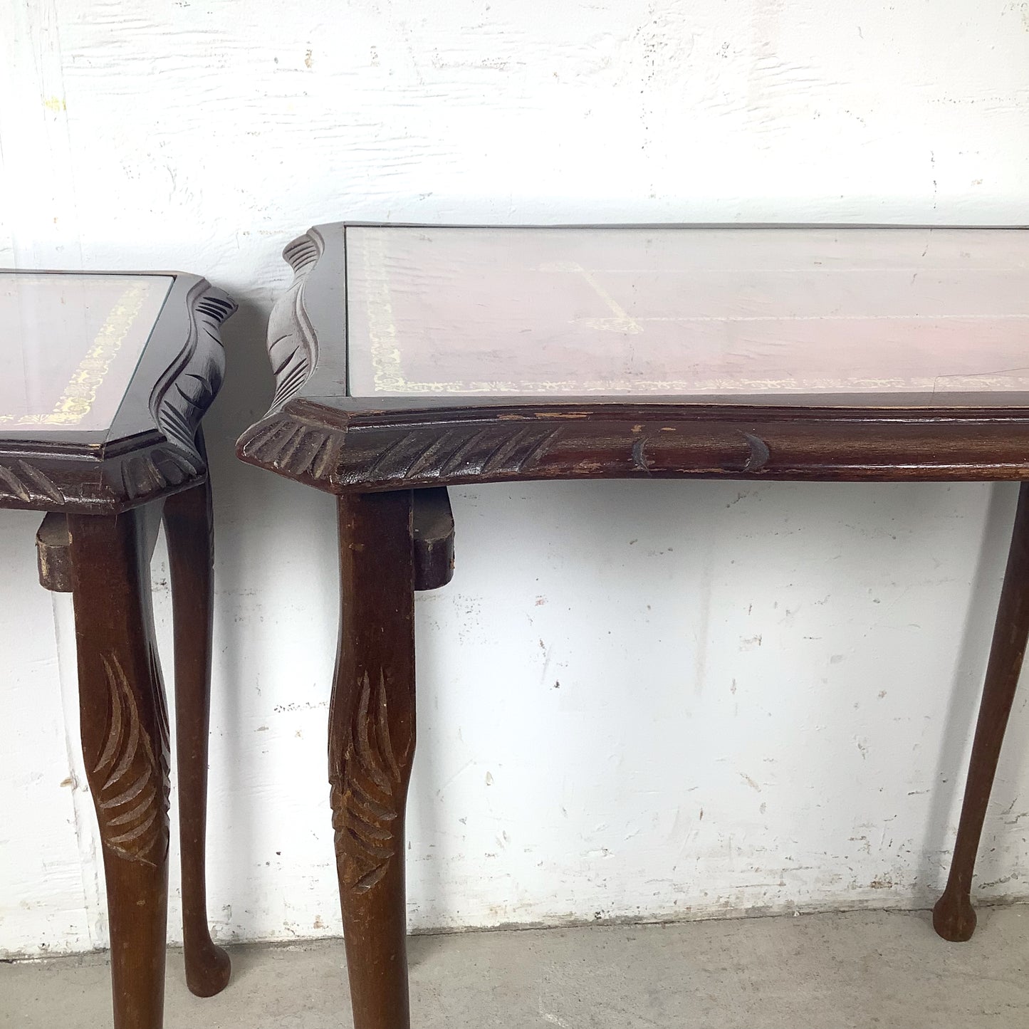 Vintage Queen Anne Style Nesting Tables with Tooled Leather Tops – Set of Three