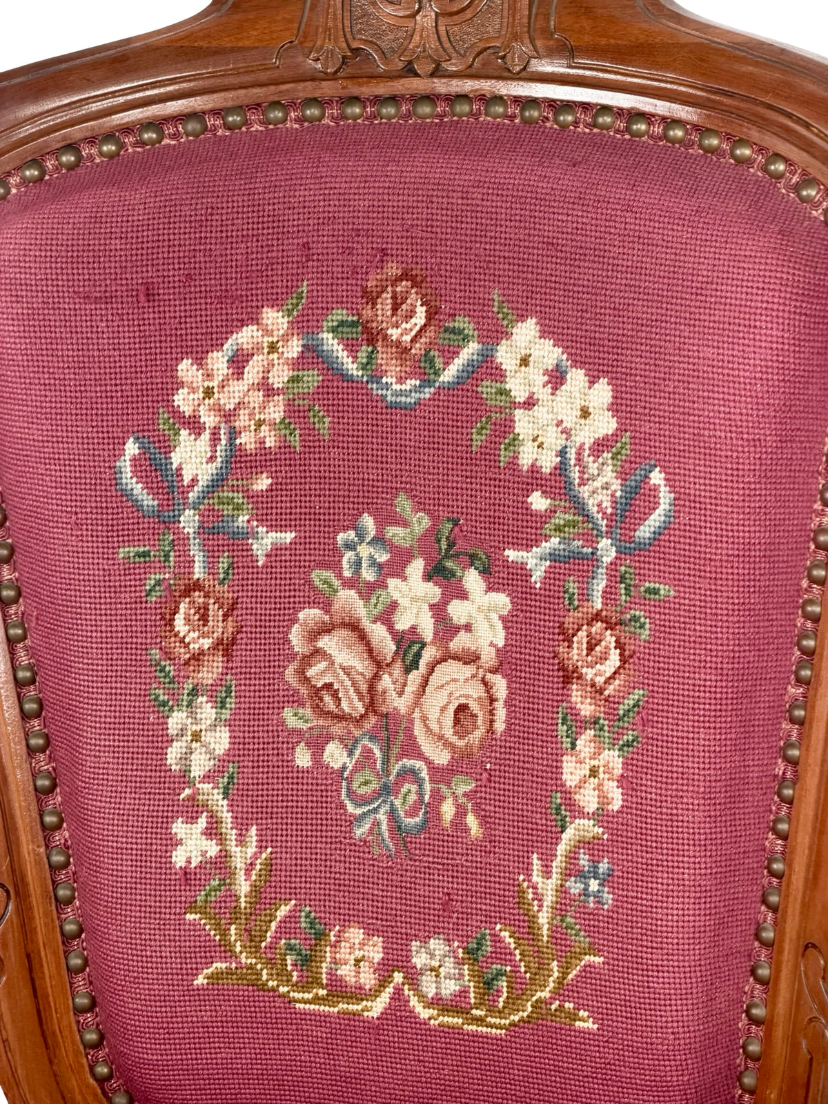 Vintage Renaissance Revival Carved Armchair with Burgundy Floral Upholstery