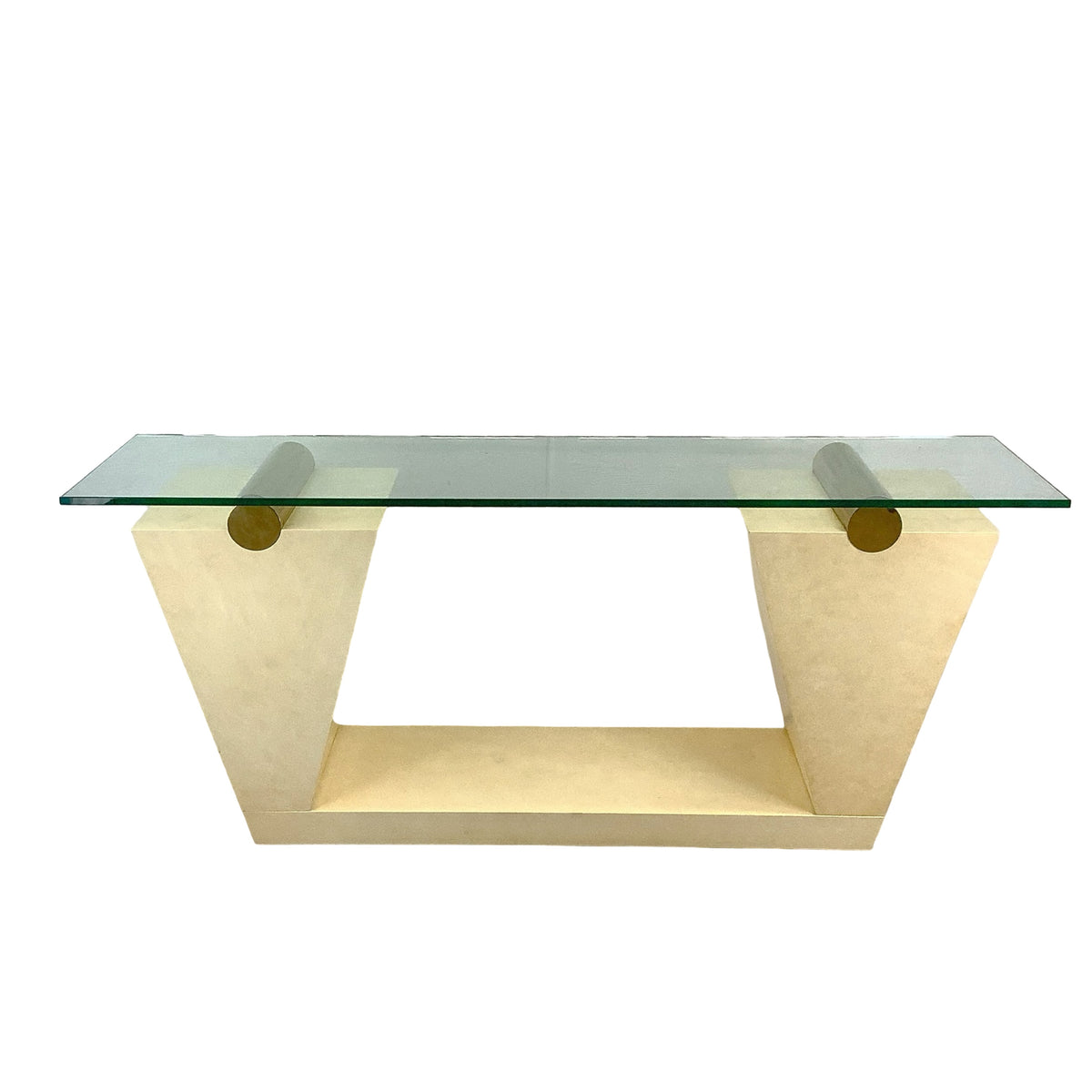 Vintage Modern Parchment-Style Console Table with Glass Top and Brass Accents
