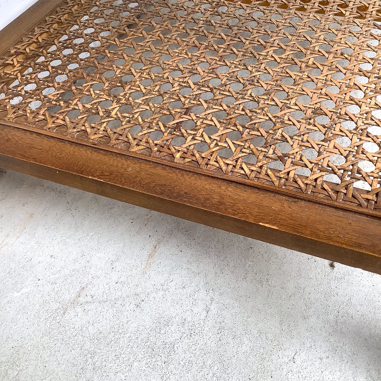 Lane Mid-Century End Table with Smoked Glass, Cane, and Wood Frame