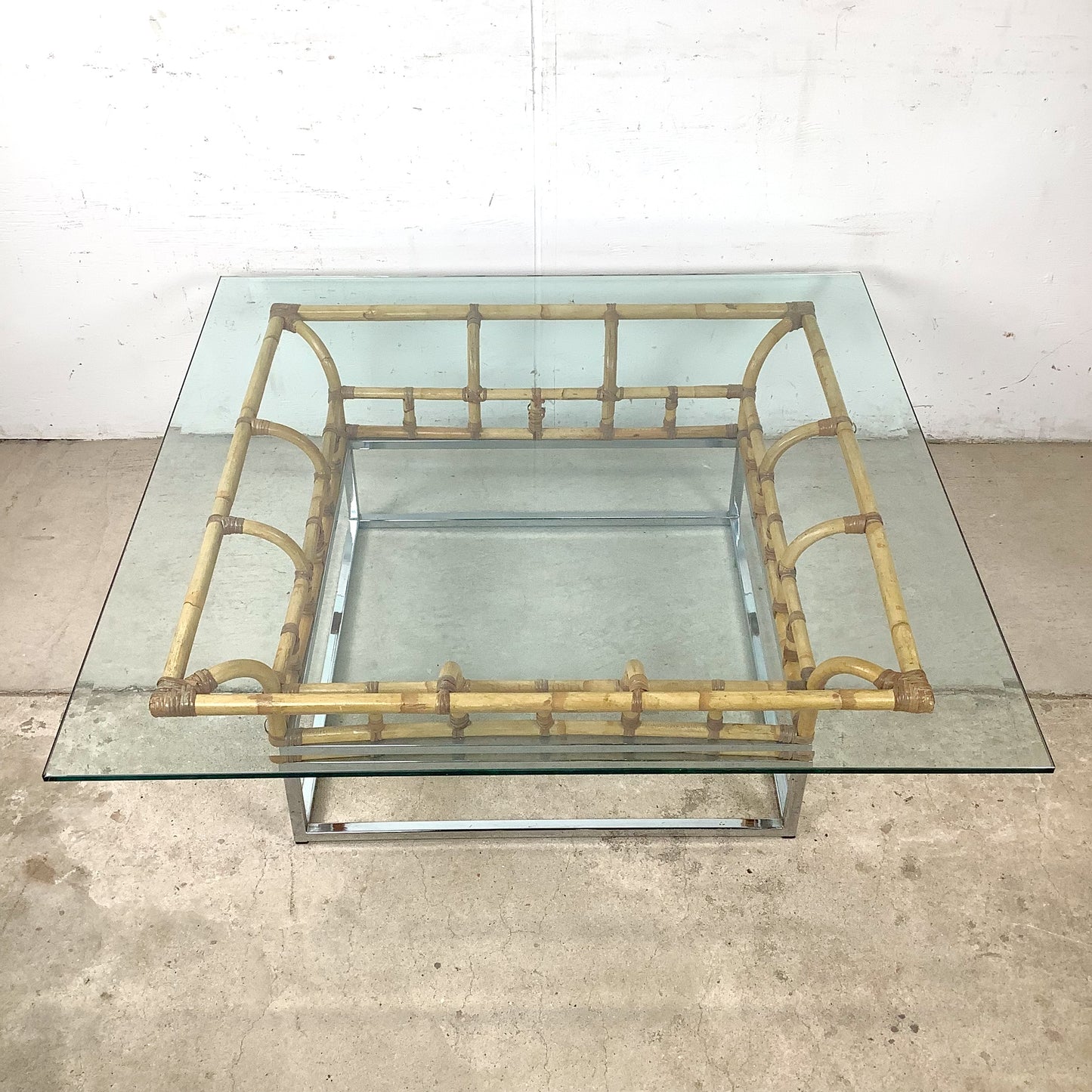 Vintage Hollywood Regency Bamboo, Chrome, and Glass Square Coffee Table