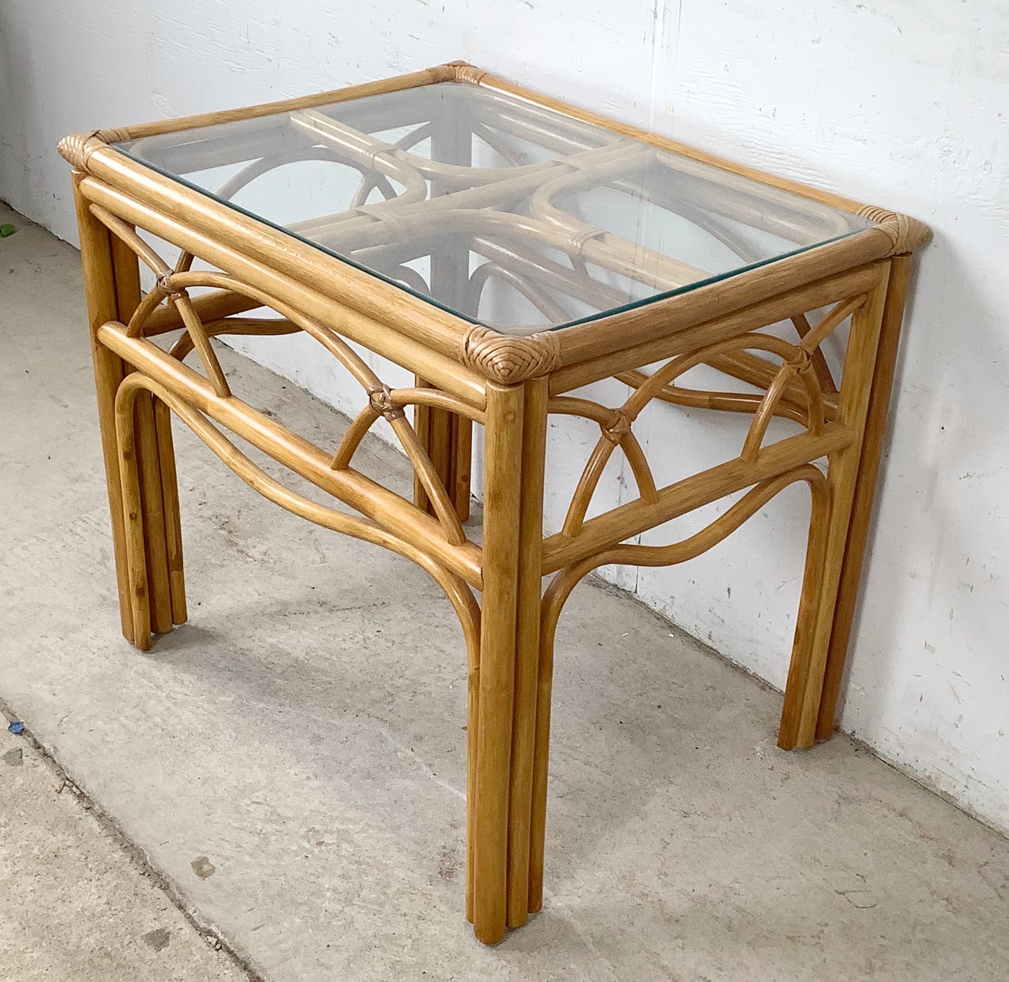 Vintage Bent Rattan Side Table with Inset Glass Top — Arch Apron, circa 1970s–1980s