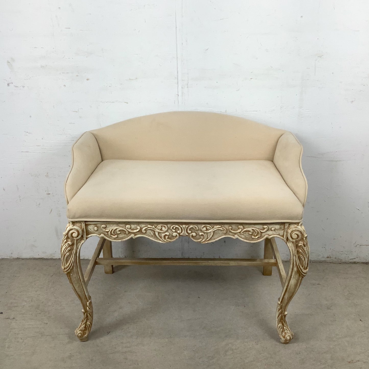 French-Inspired Decorator Bench with Carved Wood Frame