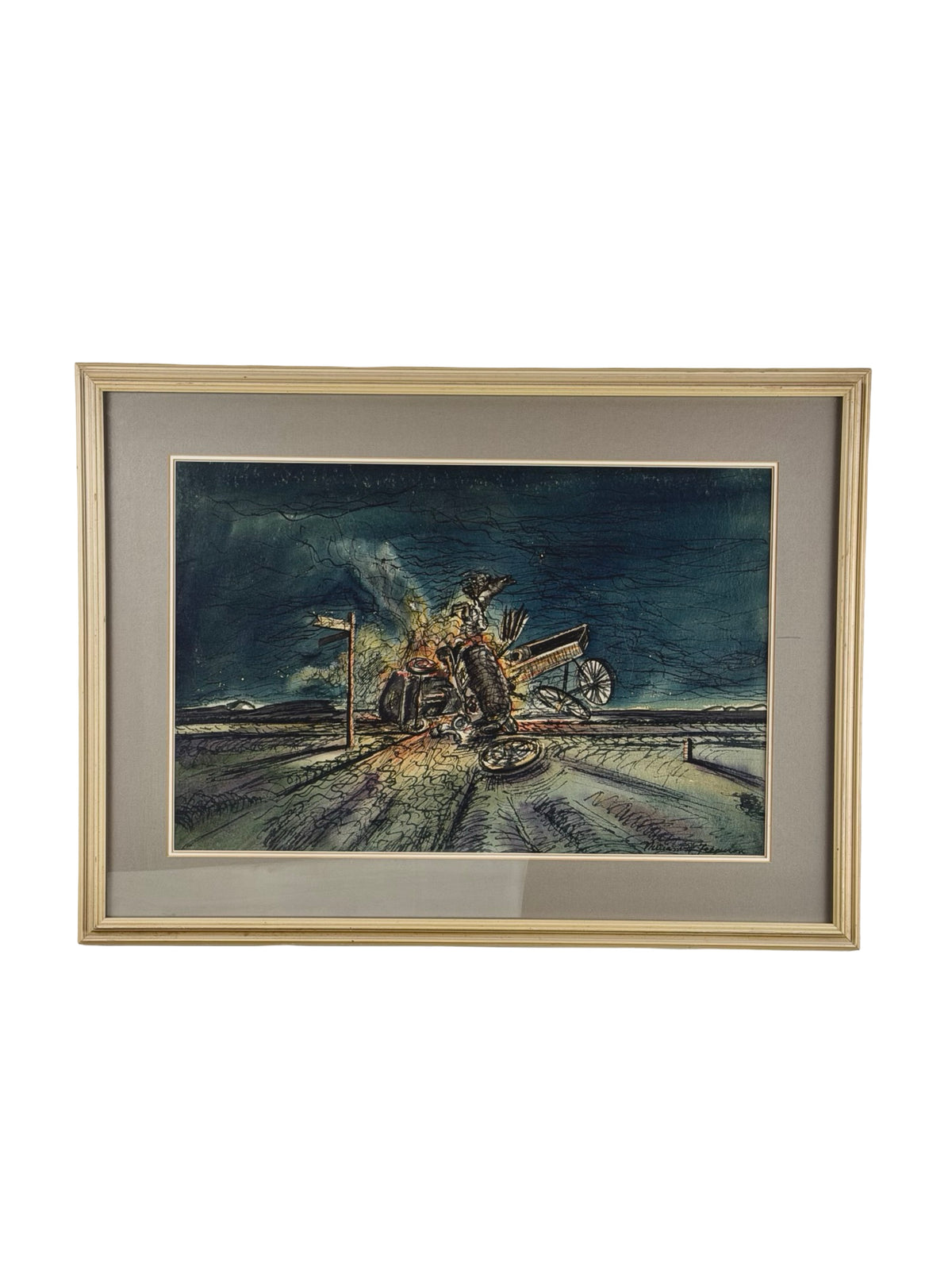 William H. Ferguson Signed Surrealist Carriage Crash Framed Mixed Media Artwork