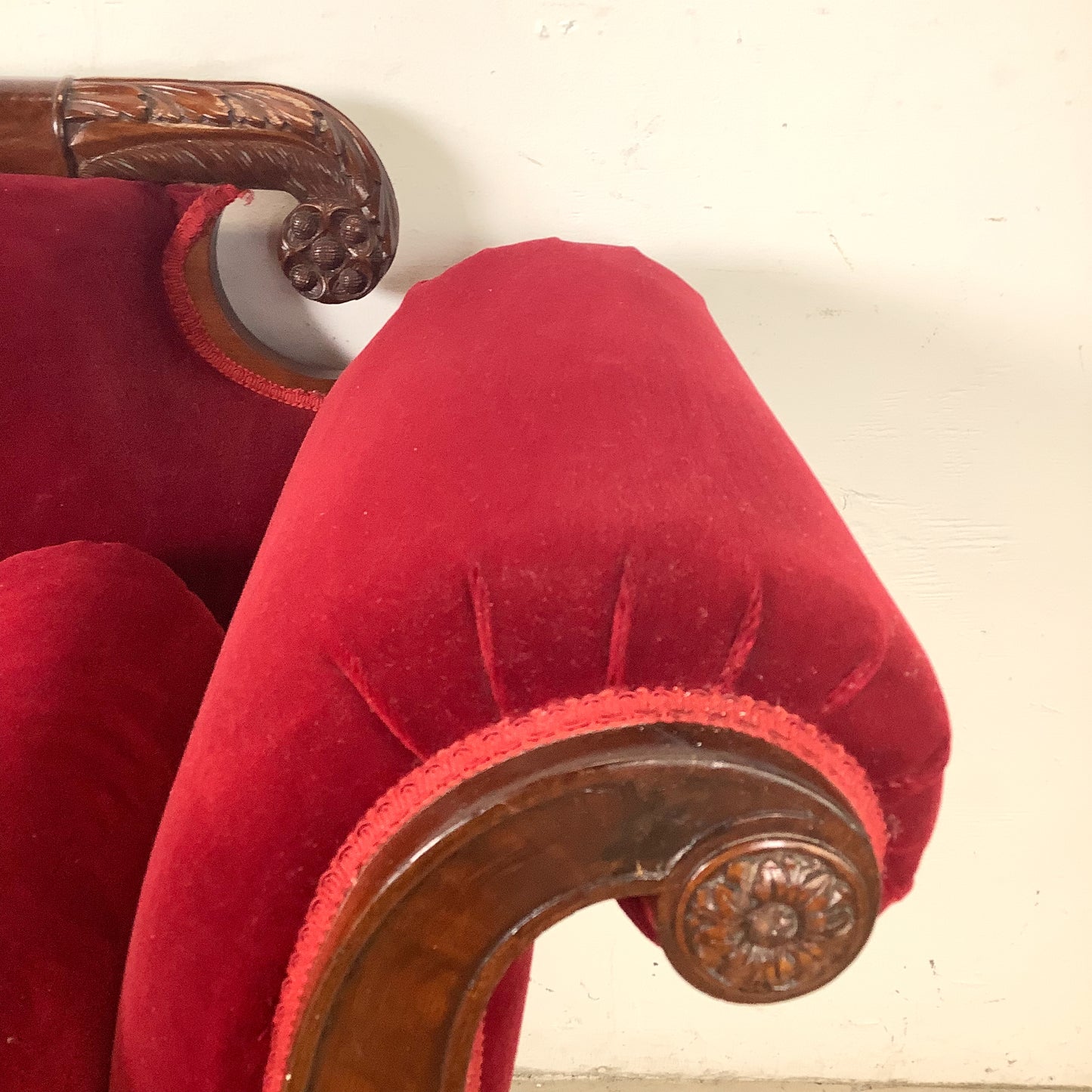 Antique American Empire Revival Mahogany Settee | Scroll Arms Sofa| Carved Paw Feet | Crimson Velvet