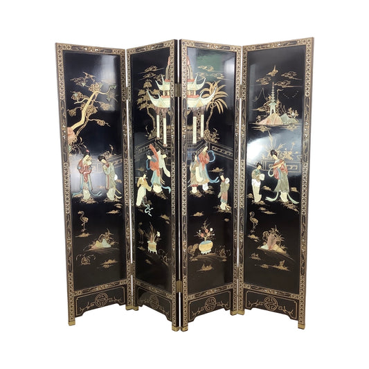 Vintage Hand-Painted Chinoiserie Lacquer Folding Screen