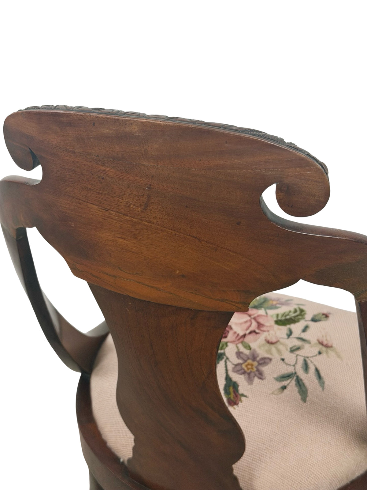 Antique Federal Style Carved Wood Side Chair with Floral Needlepoint Seat