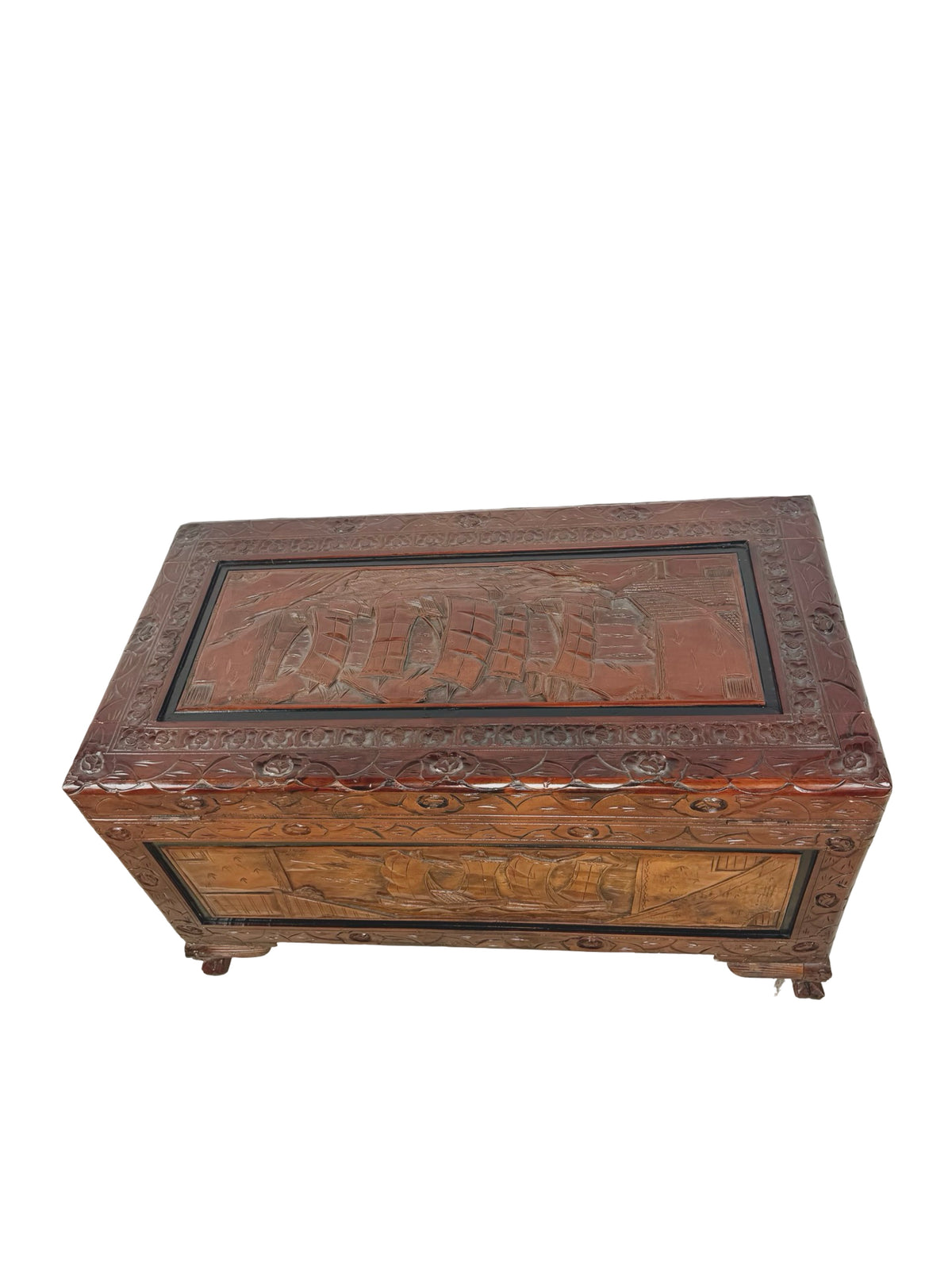 Vintage Asian Carved Wood Storage Chest with Figural Relief Carvings
