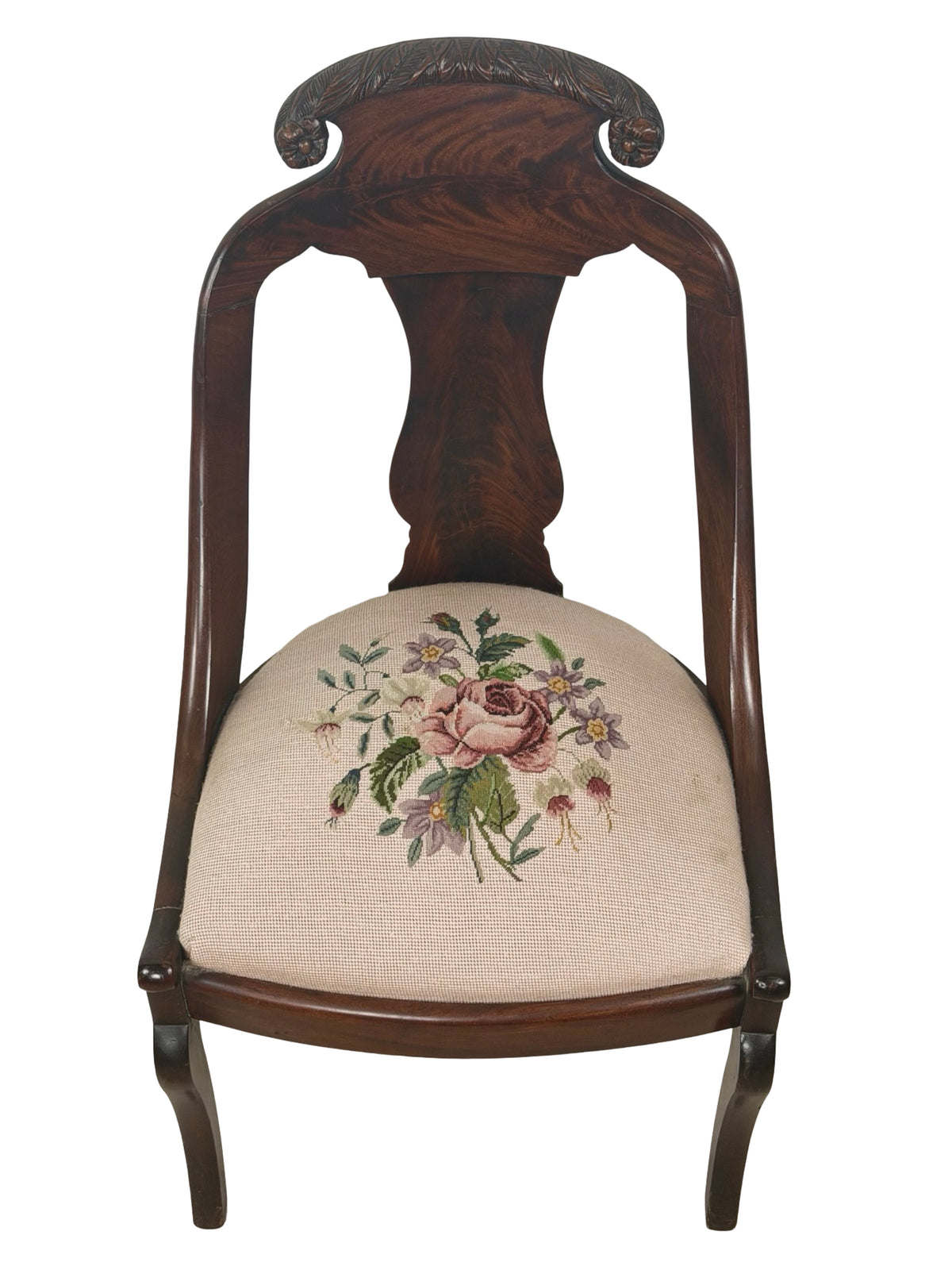 Antique Federal Style Carved Wood Side Chair with Floral Needlepoint Seat