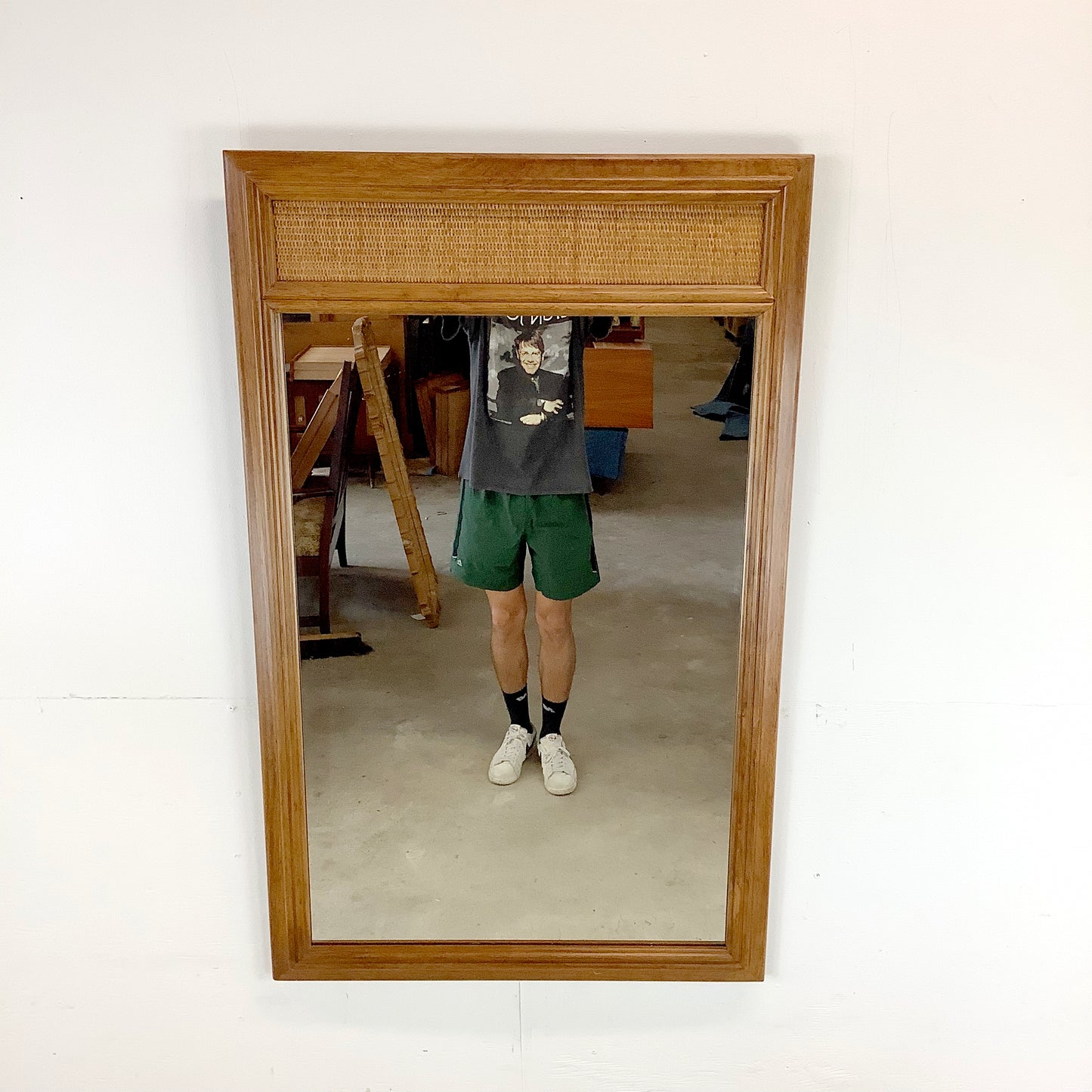 Vintage Modern Oak & Rattan Wall Mirror