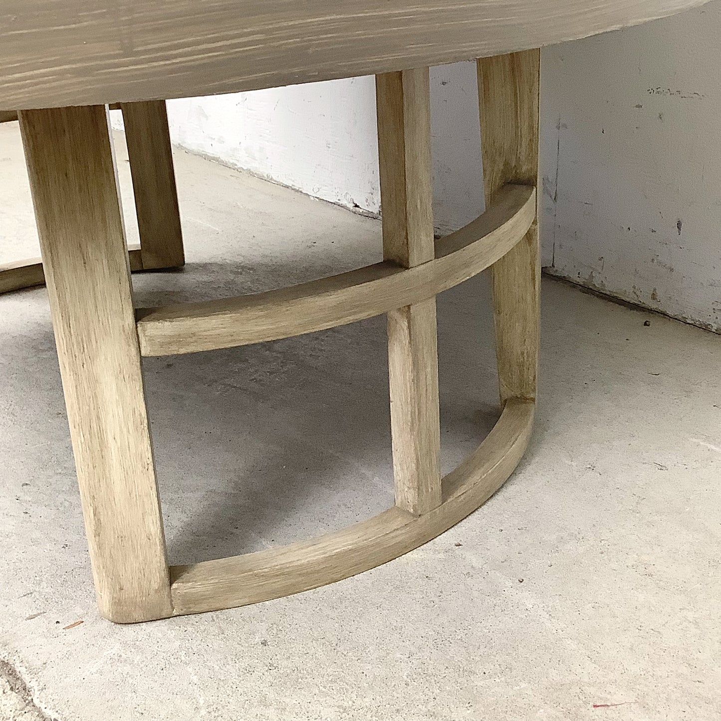 Vintage Round Low Coffee Table | Cerused Finish | Arch Form Base | Circular Stretcher