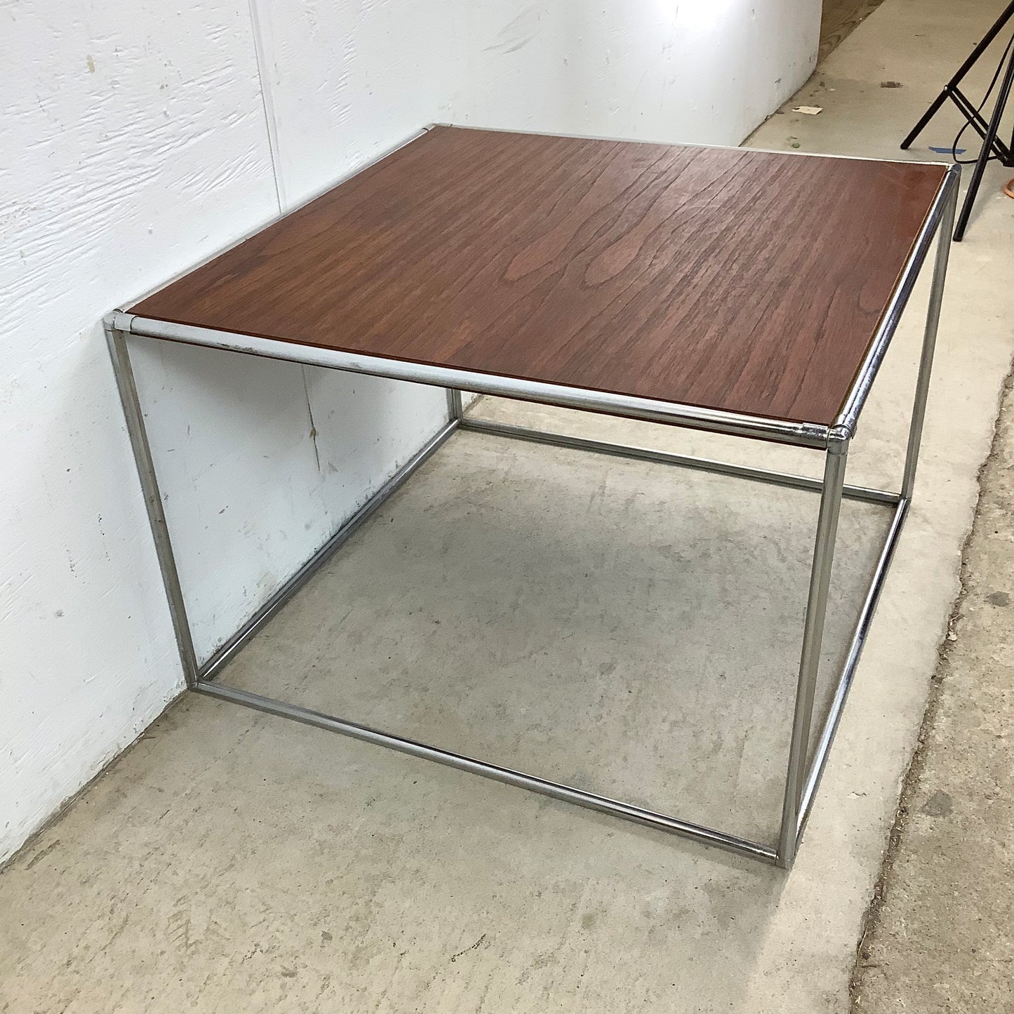 Vintage Chrome Cube Frame Table With Walnut Top