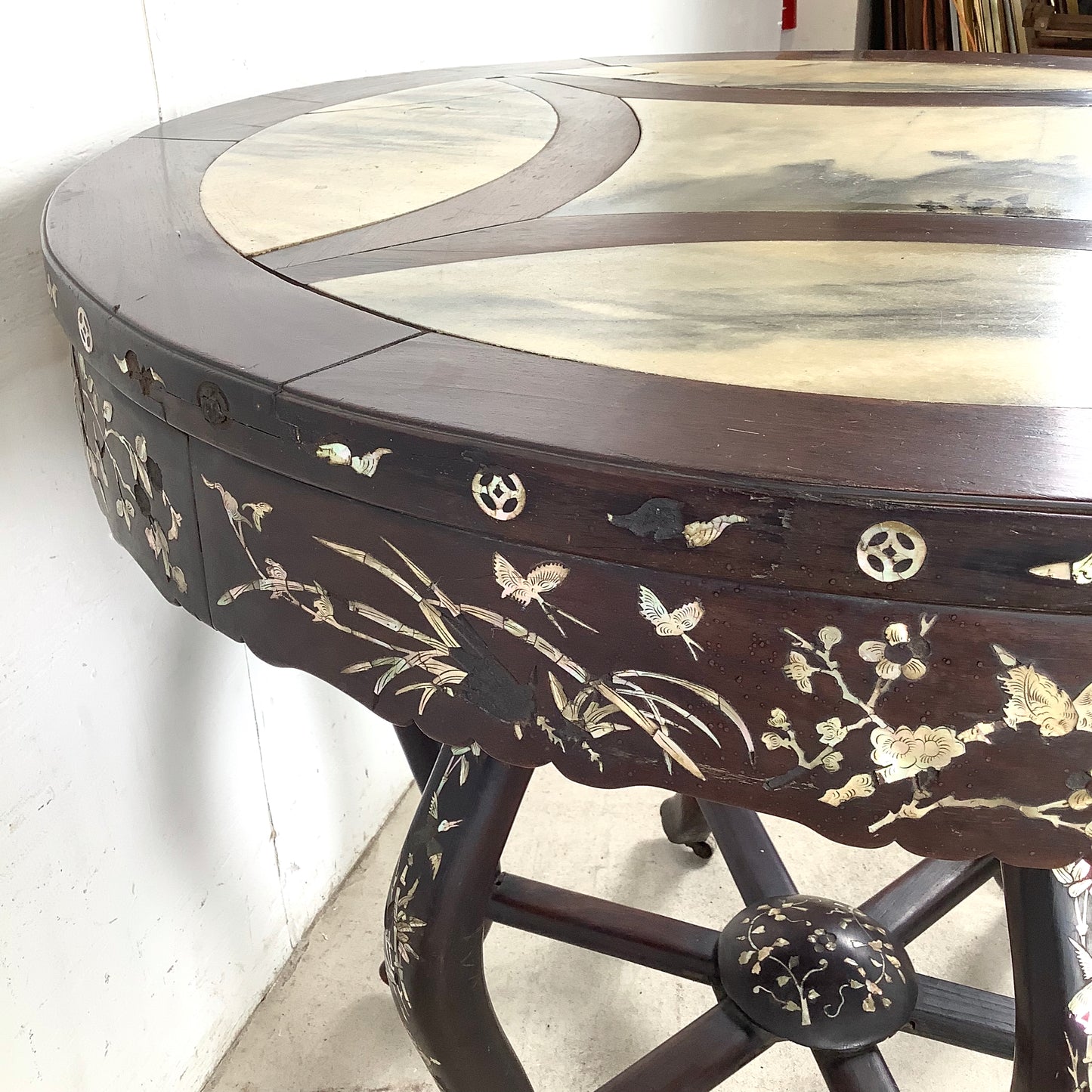 20th Century Chinese Export Center Table Wtih Stone Top and Decorative Inlay