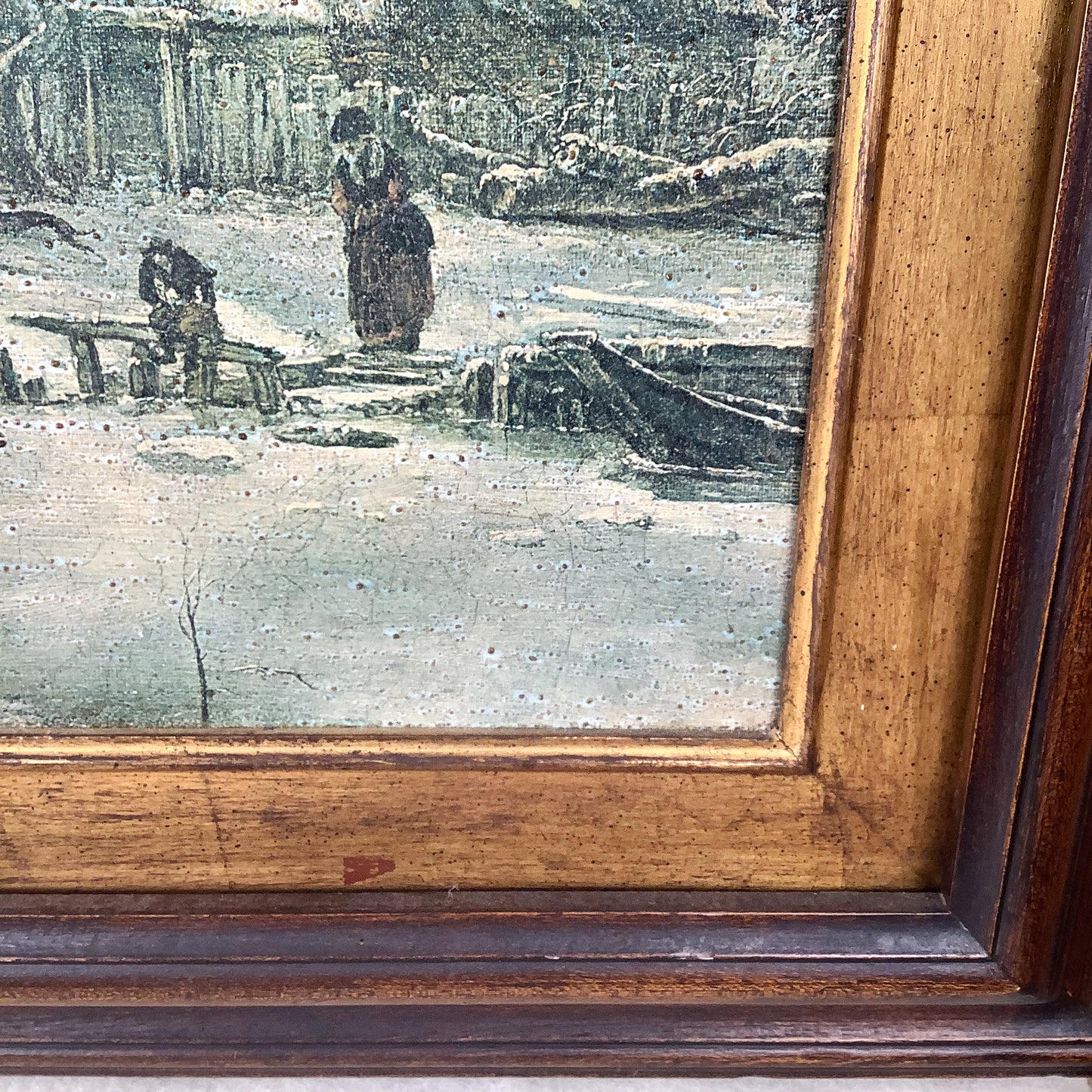 Antique Framed Winter Village Landscape, European Decorative Print