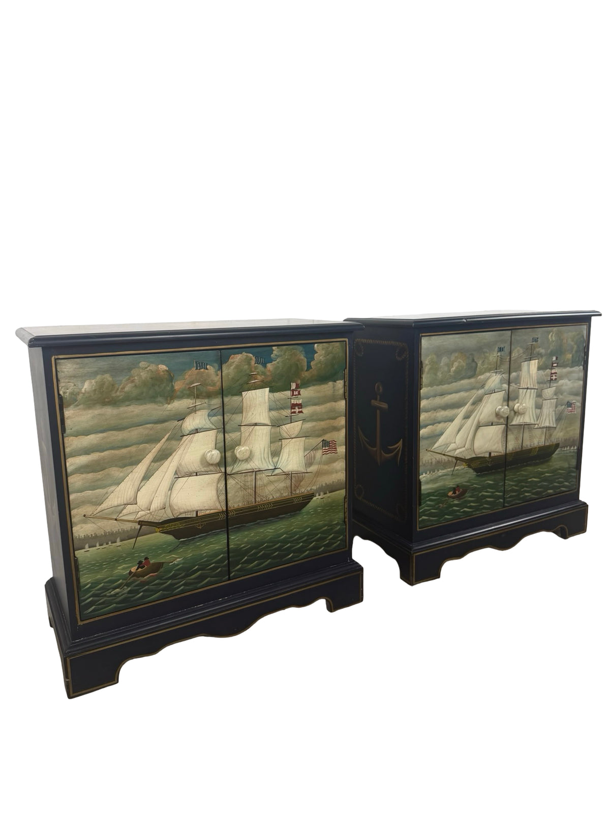 Pair of Hand-Painted Nautical Cabinets — Clipper Ship & Compass Rose Design