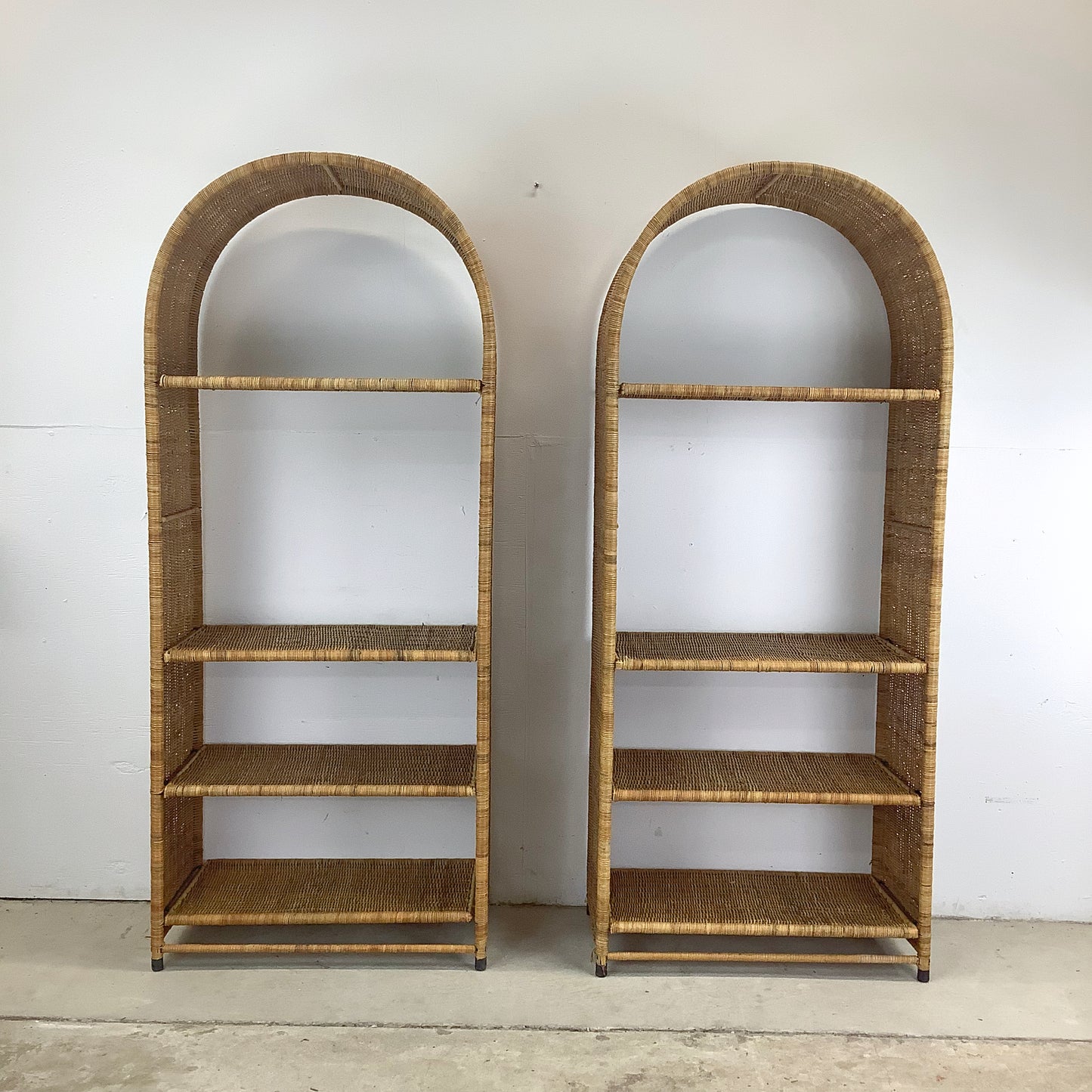 Pair Vintage Rattan Arched Bookcases
