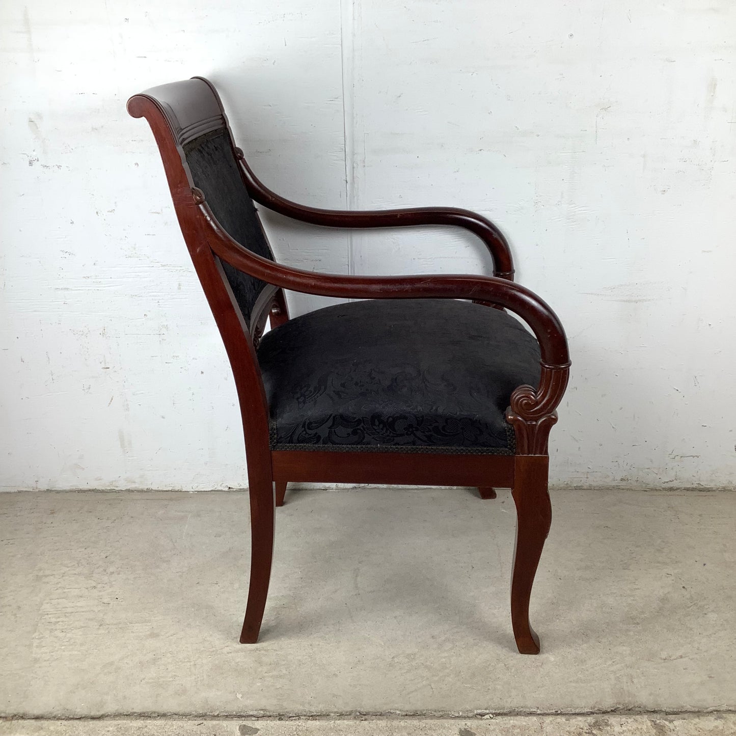 Empire Style Mahogany Armchair | Carved Acanthus Frame | Black Damask Upholstery | Neoclassical
