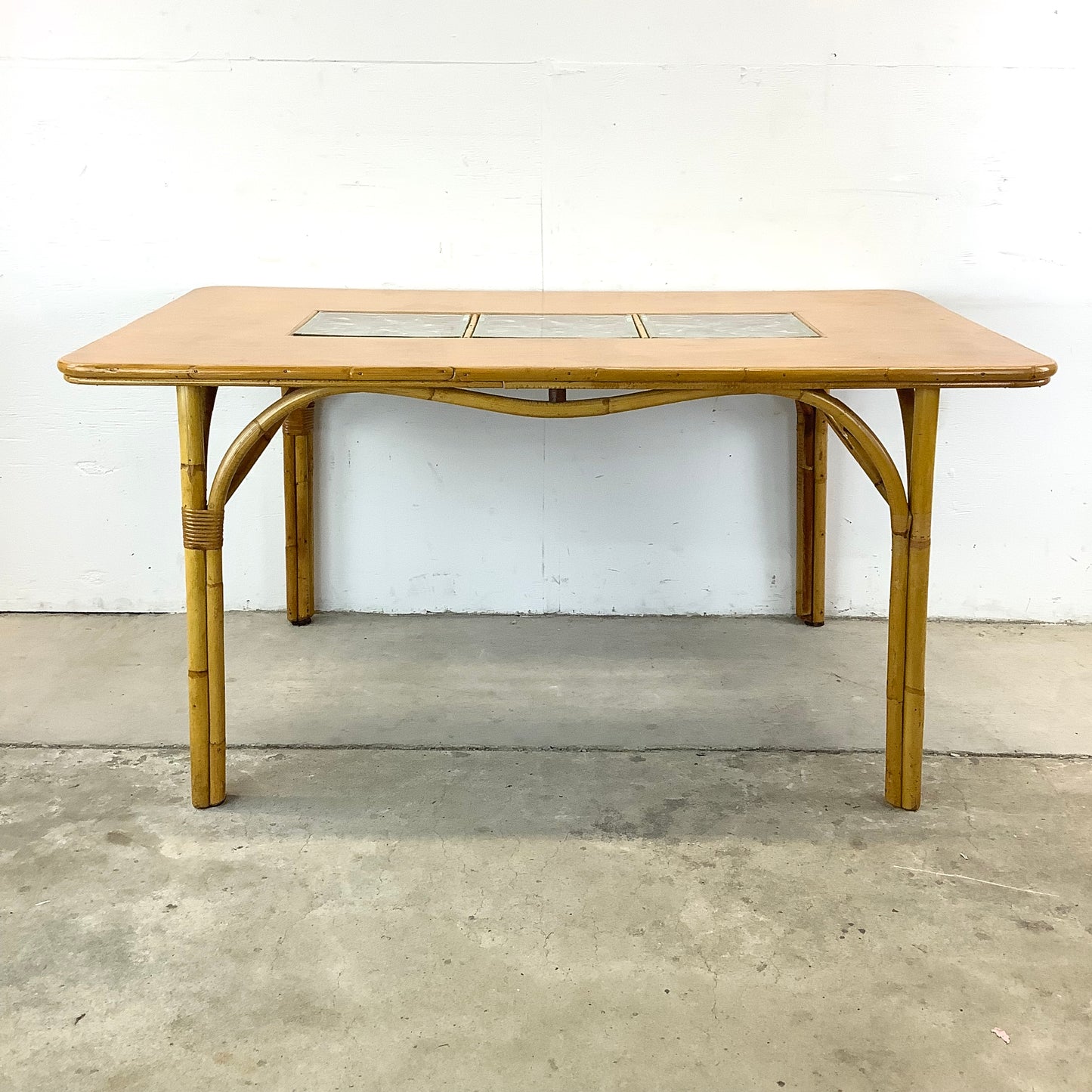 Vintage Bamboo Dining Table With Glass Inserts