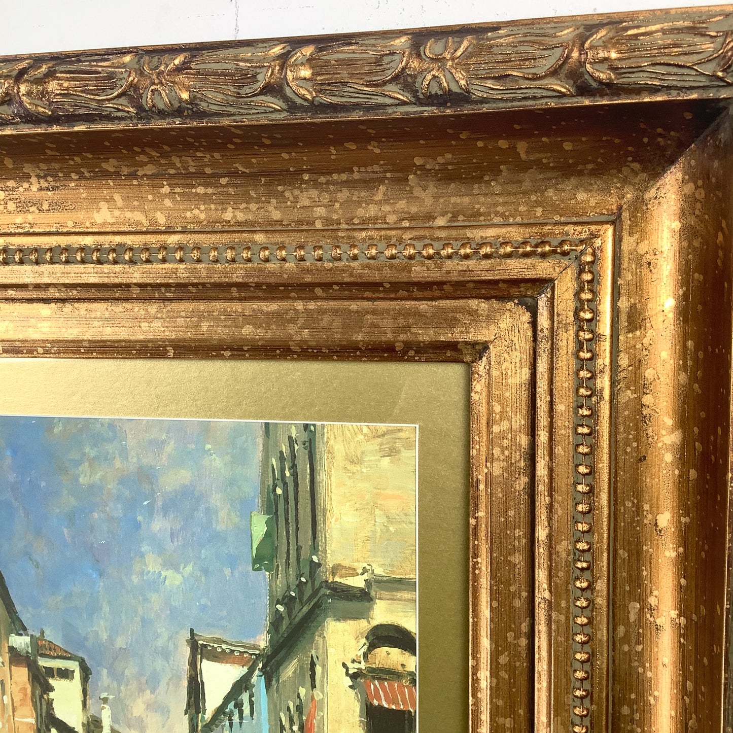 European Grand Tour Canal Scene, Decorative Print in Carved Gilt Frame
