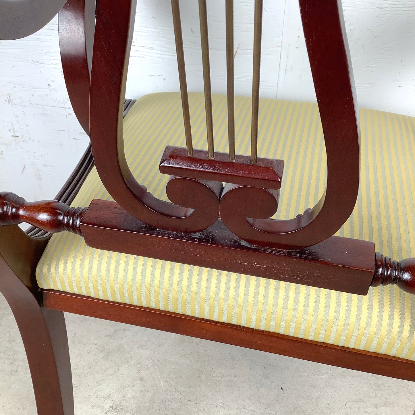 Elegant Vintage Lyre-Back Mahogany Accent Chair With Upholstered Seat
