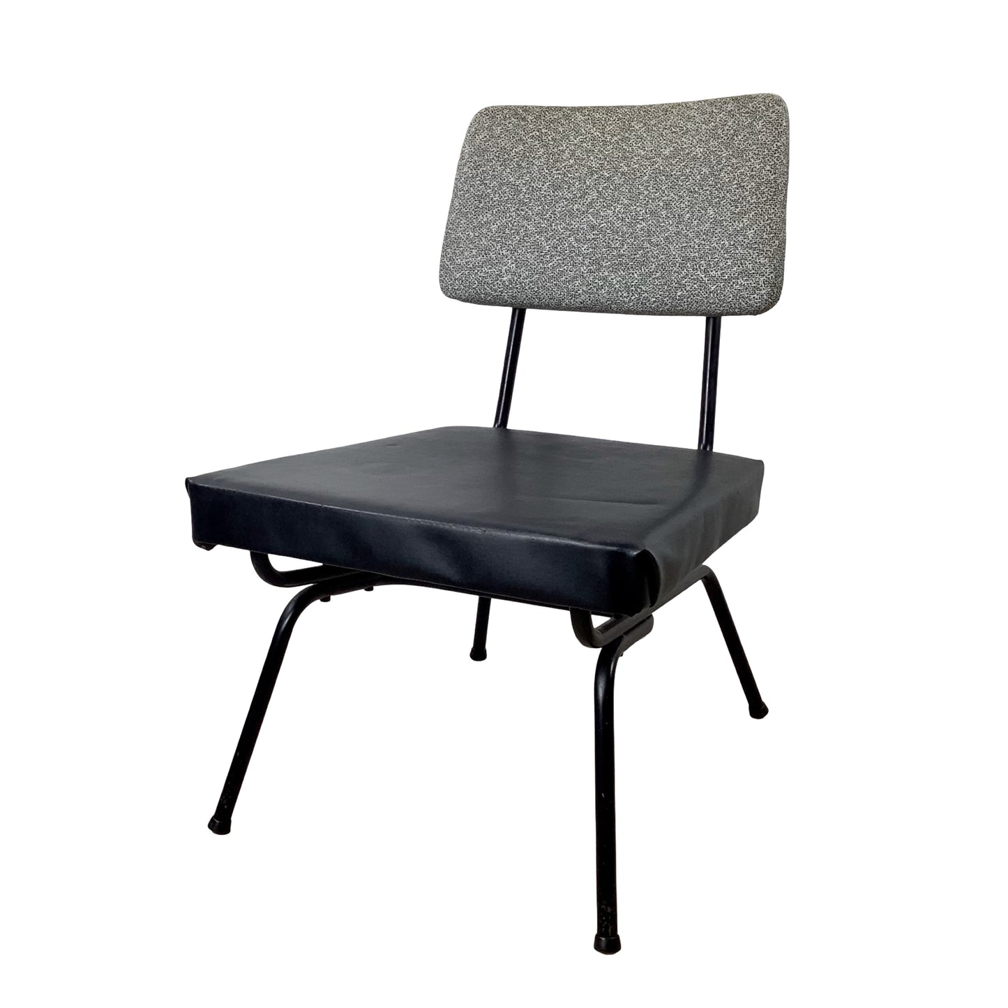 Vintage Mid-Century Modern Iron Rod Side Chair | Paul McCobb / Arbuck Manner | Gray Tweed Back | Black Vinyl Seat | c. 1950s