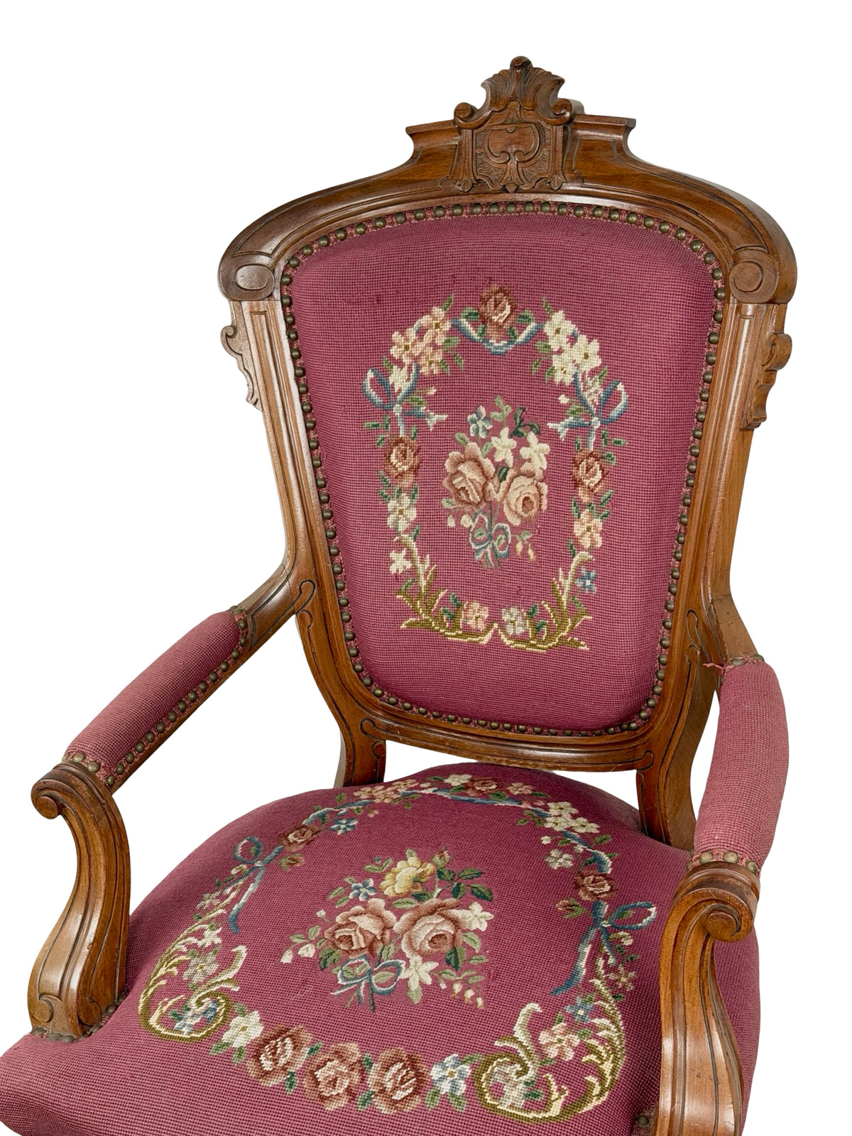 Vintage Renaissance Revival Carved Armchair with Burgundy Floral Upholstery
