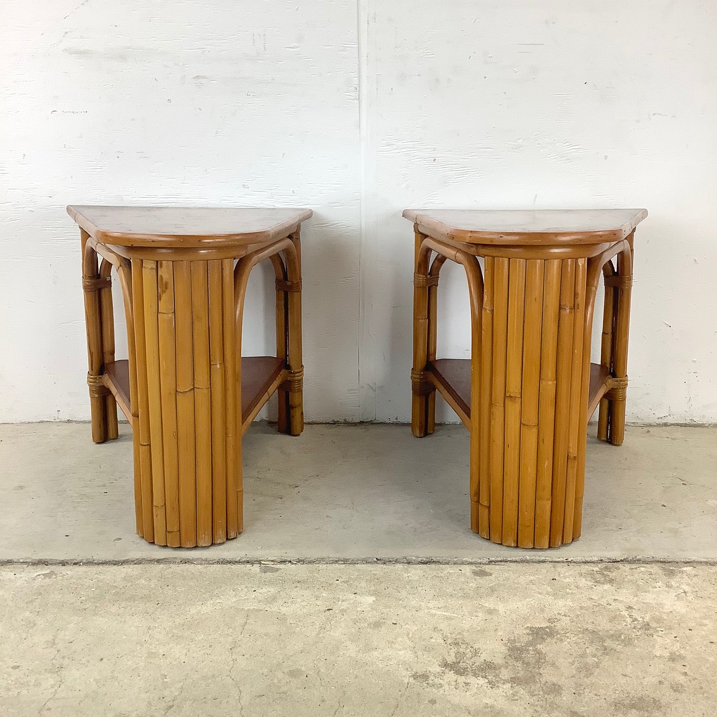 Pair Paul Frankl Style Rattan Wedge End Tables