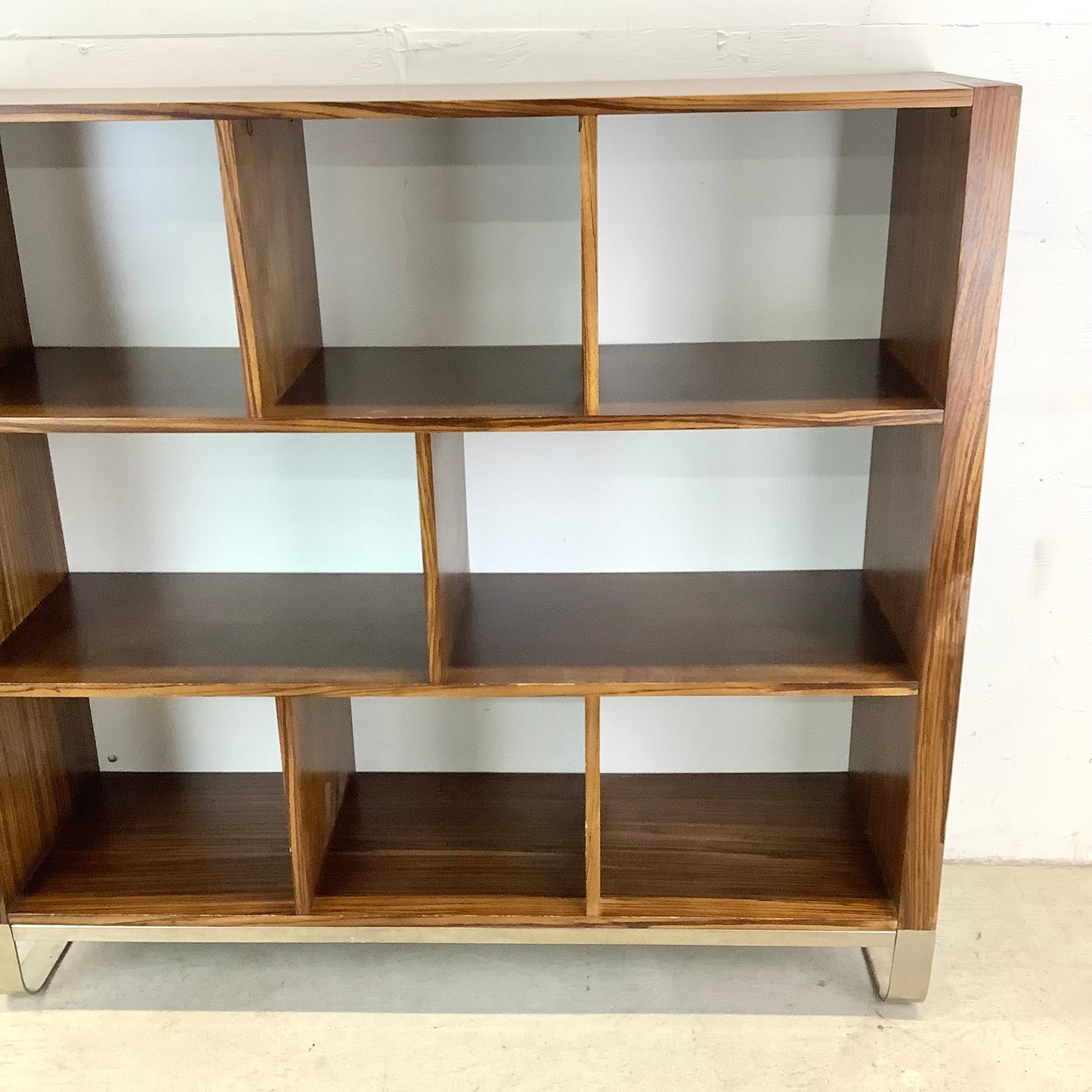 Modern Zebrawood Cube Shelf with Chrome Sled Base