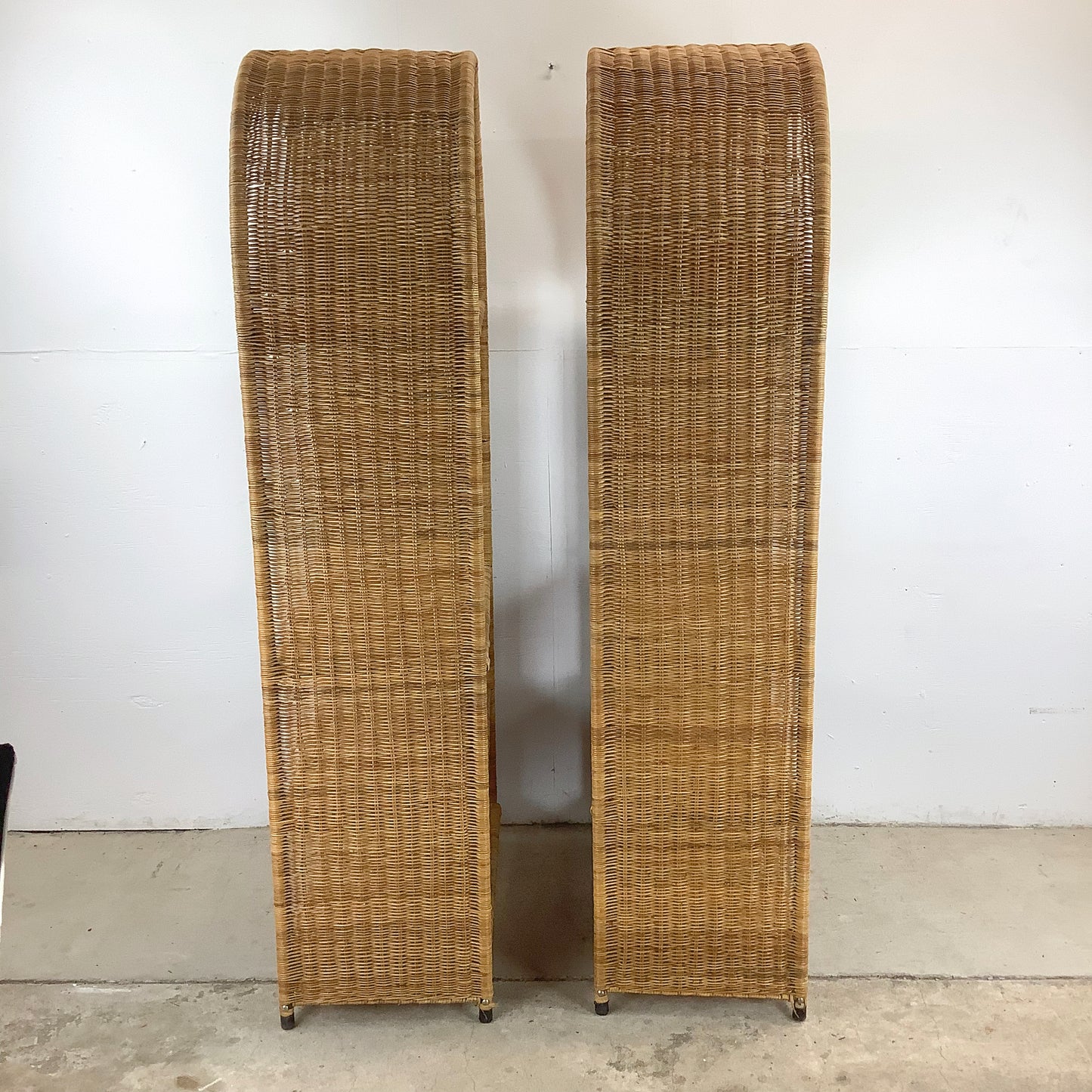 Pair Vintage Rattan Arched Bookcases