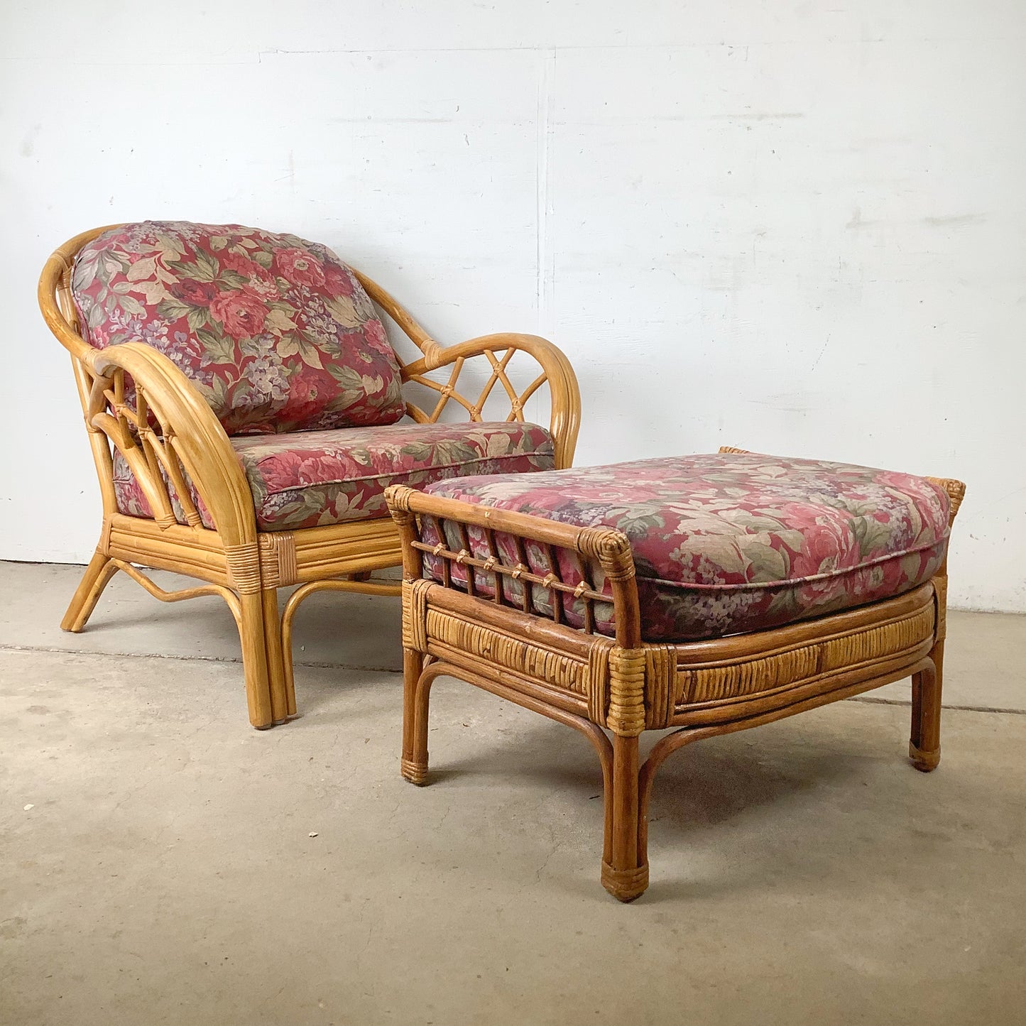 Ficks Reed Style Rattan Lounge Chair and Ottoman | Arched Diamond Lattice Back