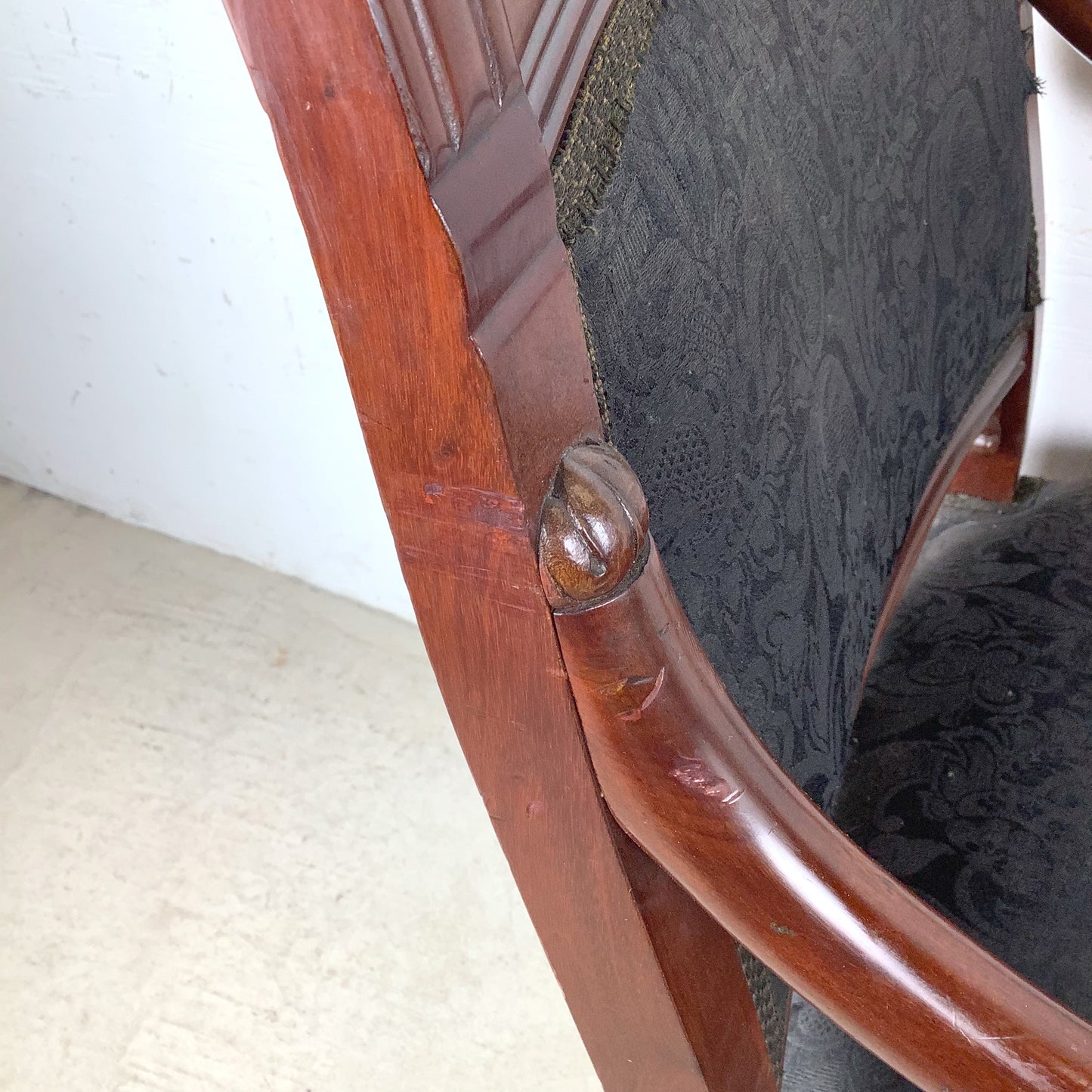 Empire Style Mahogany Armchair | Carved Acanthus Frame | Black Damask Upholstery | Neoclassical
