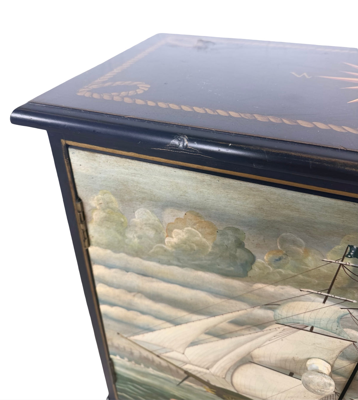 Pair of Hand-Painted Nautical Cabinets — Clipper Ship & Compass Rose Design