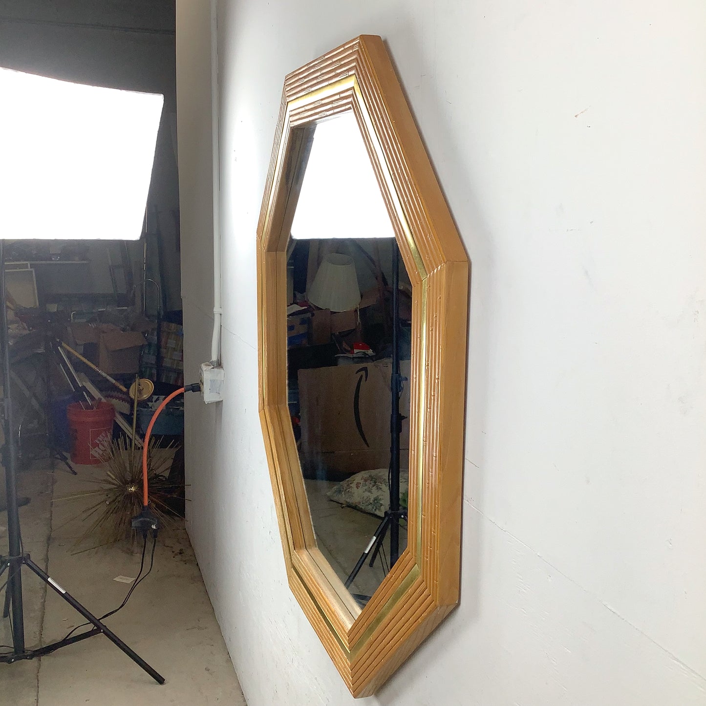 Vintage Modern Boho Octagonal Mirror with Faux Bamboo Wood Frame