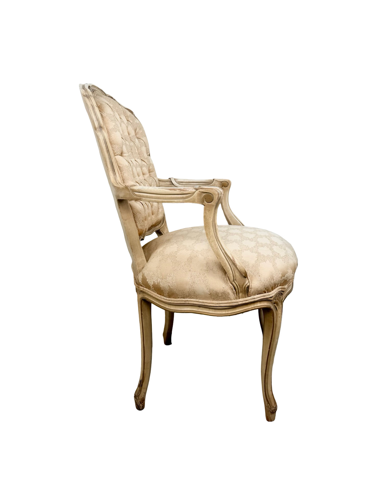 Vintage Louis XV Revival Armchair with Painted Frame, Tufted Back and Damask Seat